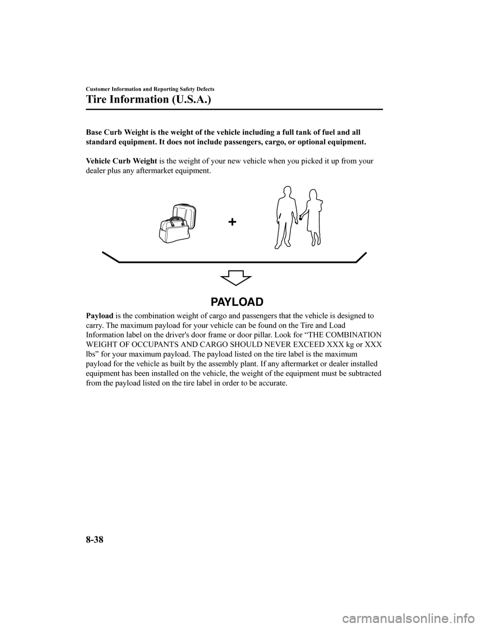 MAZDA MODEL MX-5 2018 Owners Manual (in English) Base Curb Weight is the weight of the vehicle including a full tank of fuel and all
standard equipment. It does not i nclude passengers, cargo, or optional equipment.
Vehicle Curb Weight is the weig MAZDA MODEL MX-5 2018 Owners Manual (in English) Base Curb Weight is the weight of the vehicle including a full tank of fuel and all
standard equipment. It does not i nclude passengers, cargo, or optional equipment.
Vehicle Curb Weight is the weig