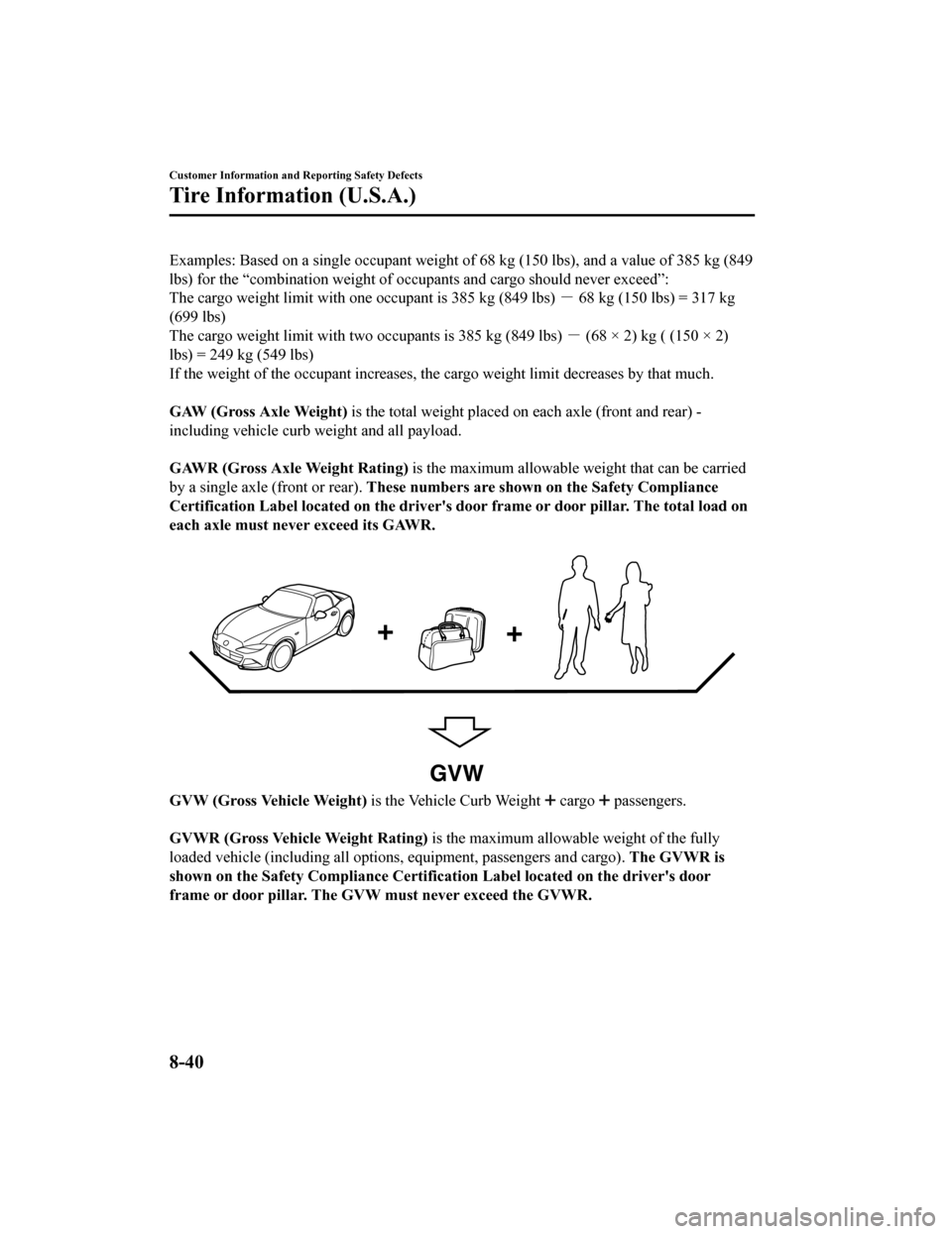 MAZDA MODEL MX-5 2018 Owners Manual (in English) Examples: Based on a single occupant weight of 68 kg (150 lbs), and a value of 385 kg (849
lbs) for the “combination weight of occupants and cargo should never exceed”:
The cargo weight limit wit MAZDA MODEL MX-5 2018 Owners Manual (in English) Examples: Based on a single occupant weight of 68 kg (150 lbs), and a value of 385 kg (849
lbs) for the “combination weight of occupants and cargo should never exceed”:
The cargo weight limit wit