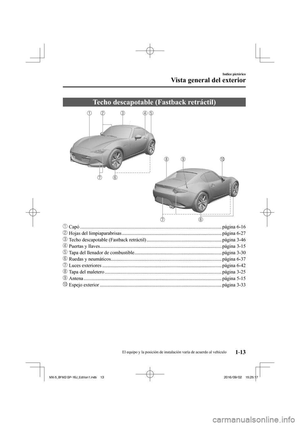 MAZDA MODEL MX-5 2018  Manual del propietario (in Spanish) 1–13
Indice pictórico
Vista general del exterior
 Techo descapotable (Fastback retráctil)
    
���
 Capó .......................................................................................