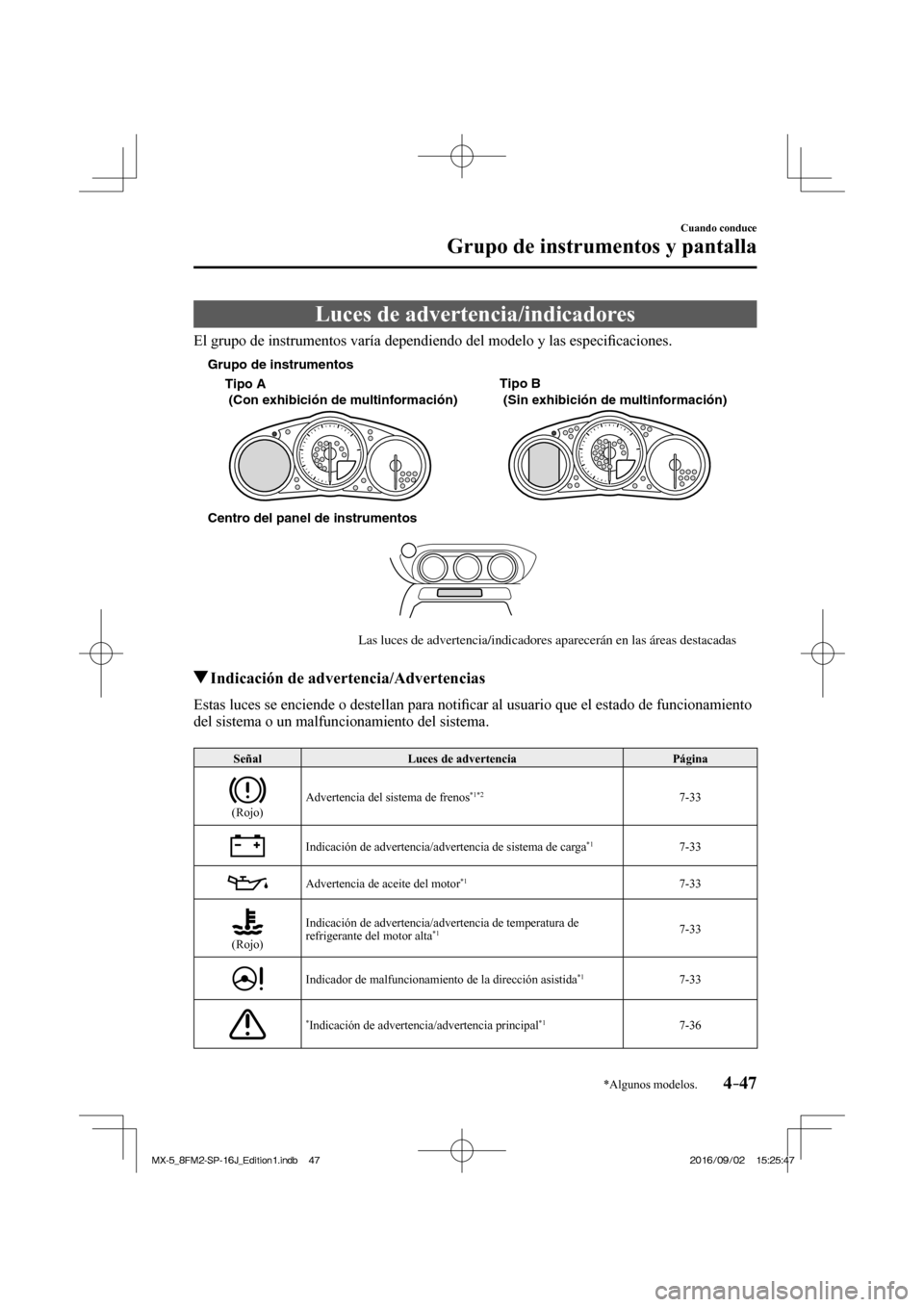 MAZDA MODEL MX-5 2018  Manual del propietario (in Spanish) 4–47
Cuando conduce
Grupo de instrumentos y pantalla
*Algunos modelos.
 Luces de advertencia/indicadores
    El grupo de instrumentos varía dependiendo del modelo y las especi�¿ caciones.
 
Centro