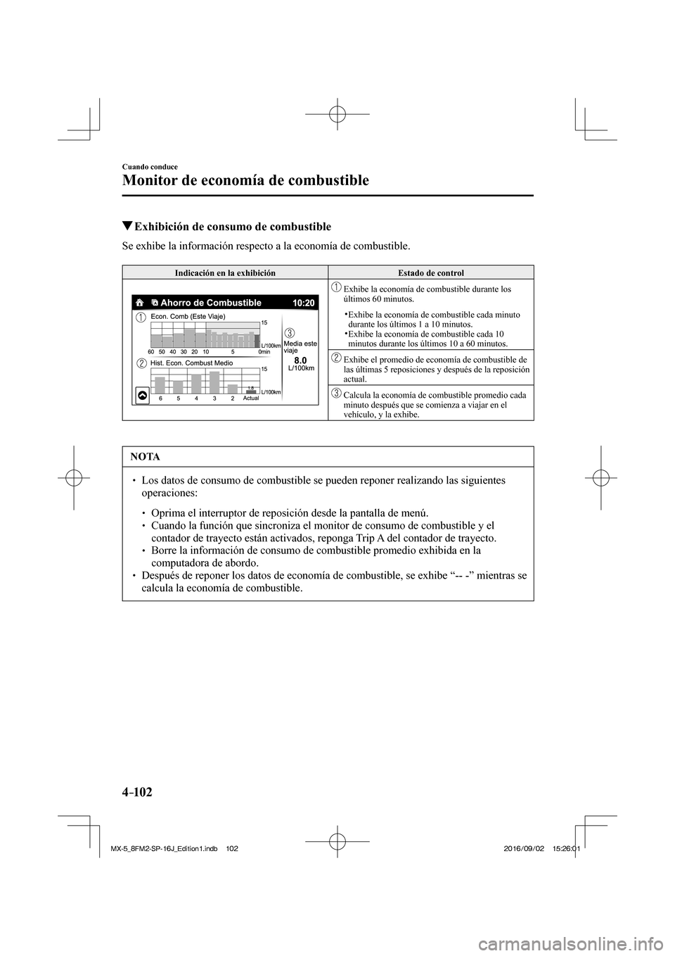 MAZDA MODEL MX-5 2018  Manual del propietario (in Spanish) 4–102
Cuando conduce
Monitor de economía de combustible
         Exhibición de consumo de combustible
              Se  exhibe  la  información  respecto  a  la  economía  de  combustible.
  
 I