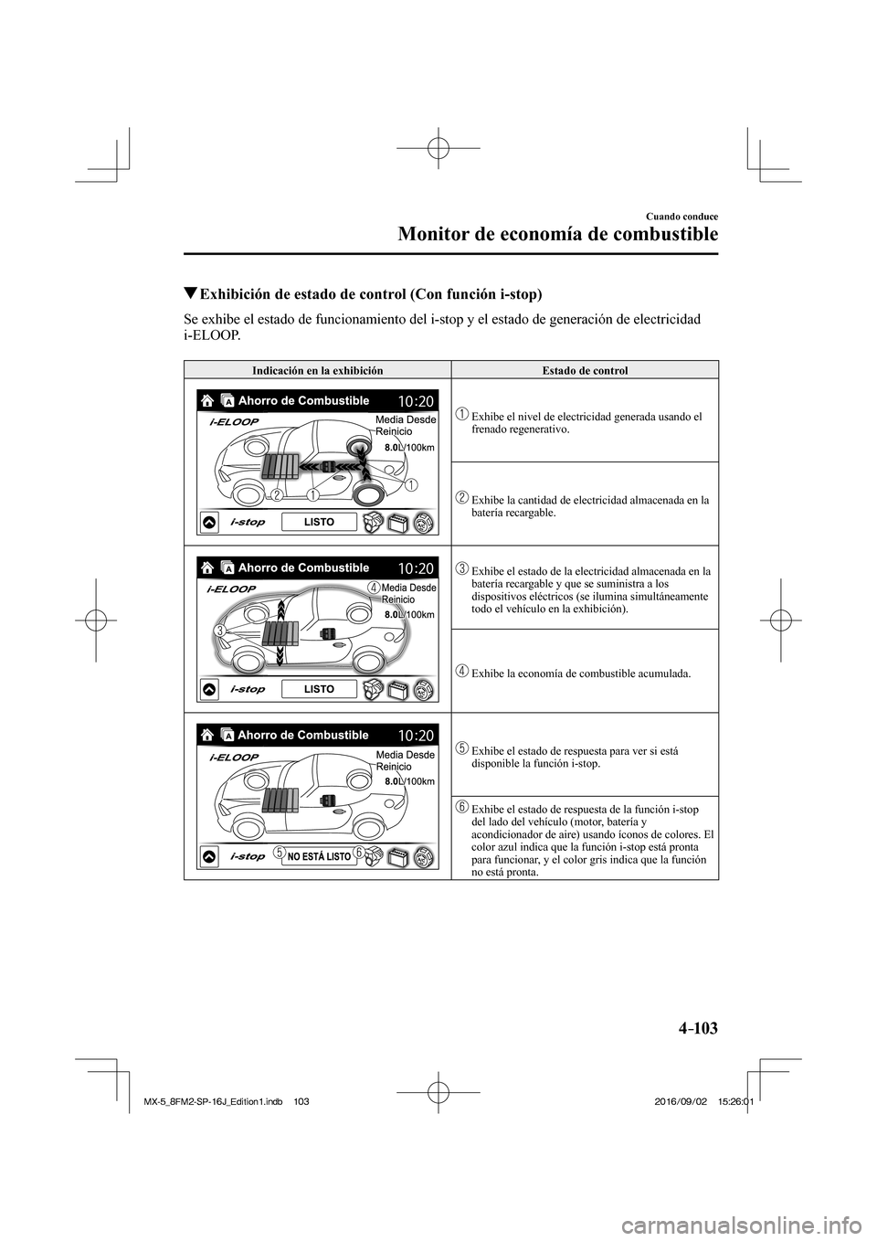 MAZDA MODEL MX-5 2018  Manual del propietario (in Spanish) 4–103
Cuando conduce
Monitor de economía de combustible
          Exhibición de estado de control (Con función i-stop)
              Se  exhibe  el  estado  de  funcionamiento  del  i-stop  y  el