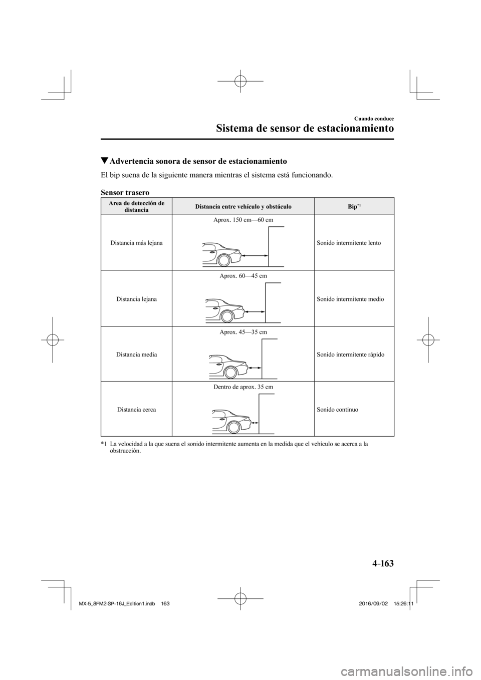 MAZDA MODEL MX-5 2018  Manual del propietario (in Spanish) 4–163
Cuando conduce
Sistema de sensor de estacionamiento
          Advertencia sonora de sensor de estacionamiento
    El bip suena de la siguiente manera mientras el sistema está funcionando.
  
