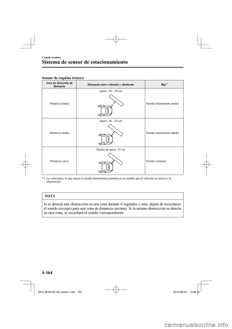 MAZDA MODEL MX-5 2018  Manual del propietario (in Spanish) 4–16 4
Cuando conduce
Sistema de sensor de estacionamiento
      Sensor de esquina trasera   
 Area de detección de 
distancia  Distancia entre vehículo y obstáculo   Bip *1  
 Distancia  lejana 