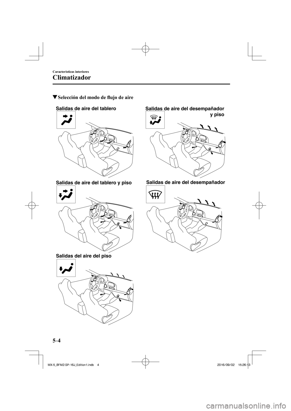 MAZDA MODEL MX-5 2018  Manual del propietario (in Spanish) 5–4
Características interiores
Climatizador
          Selección del modo de �À ujo de aire
   
Salidas de aire del tablero 
Salidas de aire del tablero y piso 
Salidas del aire del pisoSalidas de