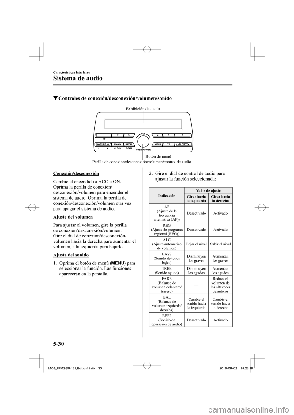 MAZDA MODEL MX-5 2018  Manual del propietario (in Spanish) 5–30
Características interiores
Sistema de audio
          Controles de conexión/desconexión/volumen/sonido
   Perilla de conexión/desconexión/volumen/control de audioBotón de menú  Exhibici