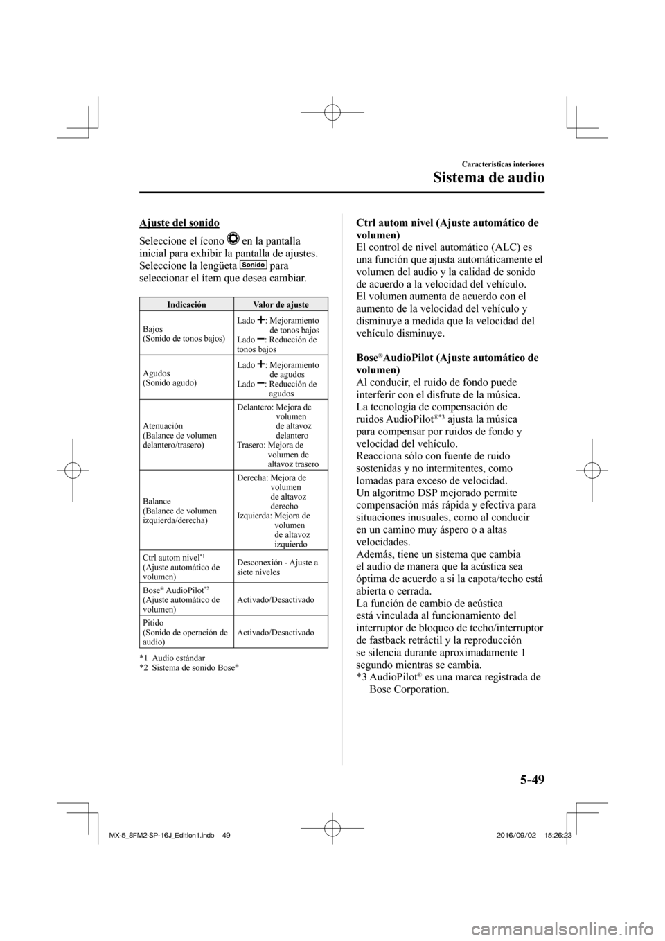 MAZDA MODEL MX-5 2018 Manual del propietario (in Spanish) 5–49
Características interiores
Sistema de audio
Ajuste del sonido
Seleccione el ícono
en la pantalla
inicial para exhibir la pantalla de ajustes.
Seleccione la lengüeta
pa MAZDA MODEL MX-5 2018 Manual del propietario (in Spanish) 5–49
Características interiores
Sistema de audio
Ajuste del sonido
Seleccione el ícono
en la pantalla
inicial para exhibir la pantalla de ajustes.
Seleccione la lengüeta
pa