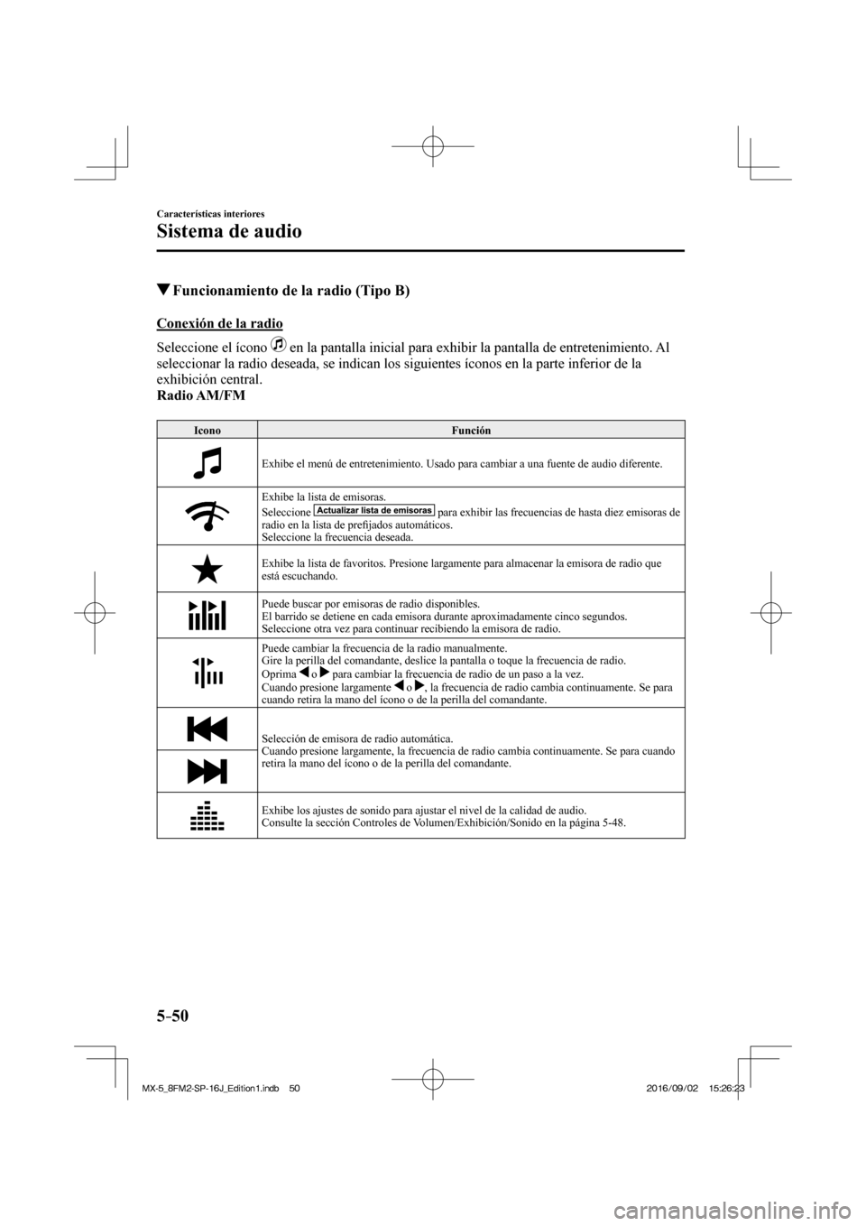 MAZDA MODEL MX-5 2018 Manual del propietario (in Spanish) 5–50
Características interiores
Sistema de audio
Funcionamiento de la radio (Tipo B)
Conexión de la radio
Seleccione el ícono
en la pantalla inicial para exhibir la pa MAZDA MODEL MX-5 2018 Manual del propietario (in Spanish) 5–50
Características interiores
Sistema de audio
Funcionamiento de la radio (Tipo B)
Conexión de la radio
Seleccione el ícono
en la pantalla inicial para exhibir la pa