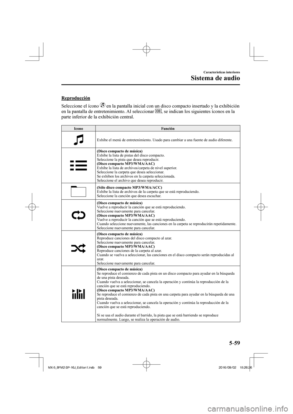 MAZDA MODEL MX-5 2018 Manual del propietario (in Spanish) 5–59
Características interiores
Sistema de audio
Reproducción
Seleccione el ícono
en la pantalla inicial con un disco compacto insertado y la exhibición
en la pantalla de entrete MAZDA MODEL MX-5 2018 Manual del propietario (in Spanish) 5–59
Características interiores
Sistema de audio
Reproducción
Seleccione el ícono
en la pantalla inicial con un disco compacto insertado y la exhibición
en la pantalla de entrete