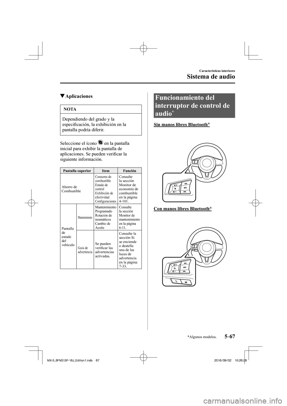 MAZDA MODEL MX-5 2018  Manual del propietario (in Spanish) 5–67
Características interiores
Sistema de audio
*Algunos modelos.
          Aplicaciones
 NOTA
 Dependiendo del grado y la 
especi�¿ cación, la exhibición en la 
pantalla podría diferir. 
  Se