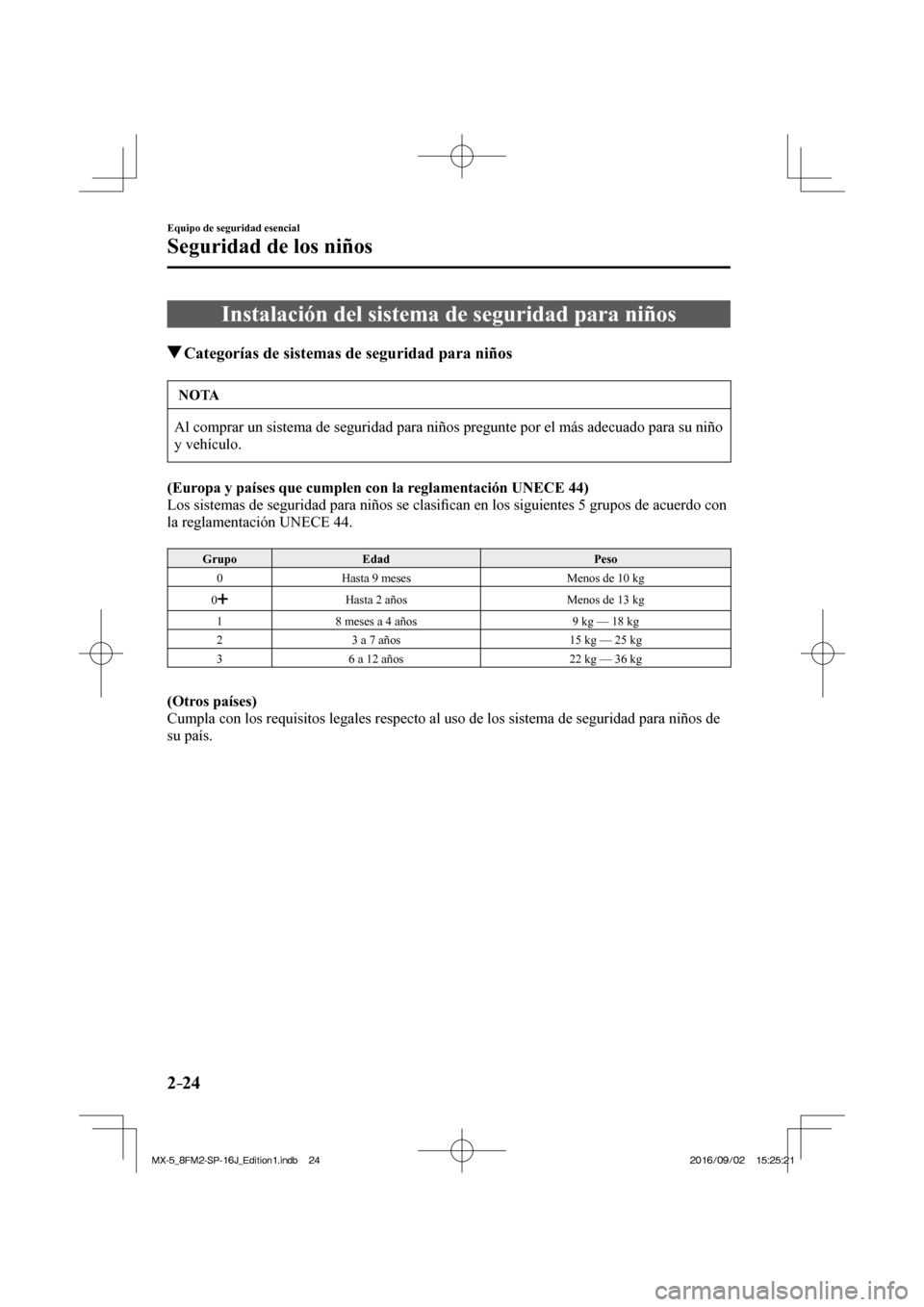 MAZDA MODEL MX-5 2018  Manual del propietario (in Spanish) 2–24
Equipo de seguridad esencial
Seguridad de los niños
 Instalación del sistema de seguridad para niños
                   Categorías de sistemas de seguridad para niños
 NOTA
 Al comprar un 