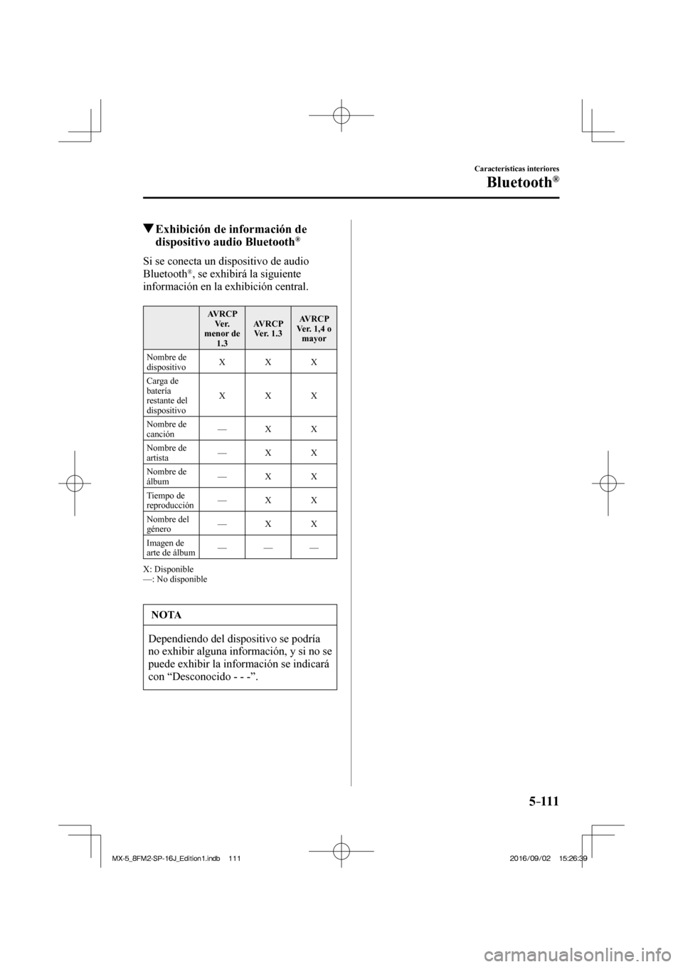 MAZDA MODEL MX-5 2018  Manual del propietario (in Spanish) 5–111
Características interiores
Bluetooth®
          Exhibición de información de 
dispositivo audio Bluetooth ® 
    Si se conecta un dispositivo de audio 
Bluetooth ® , se exhibirá la sigu