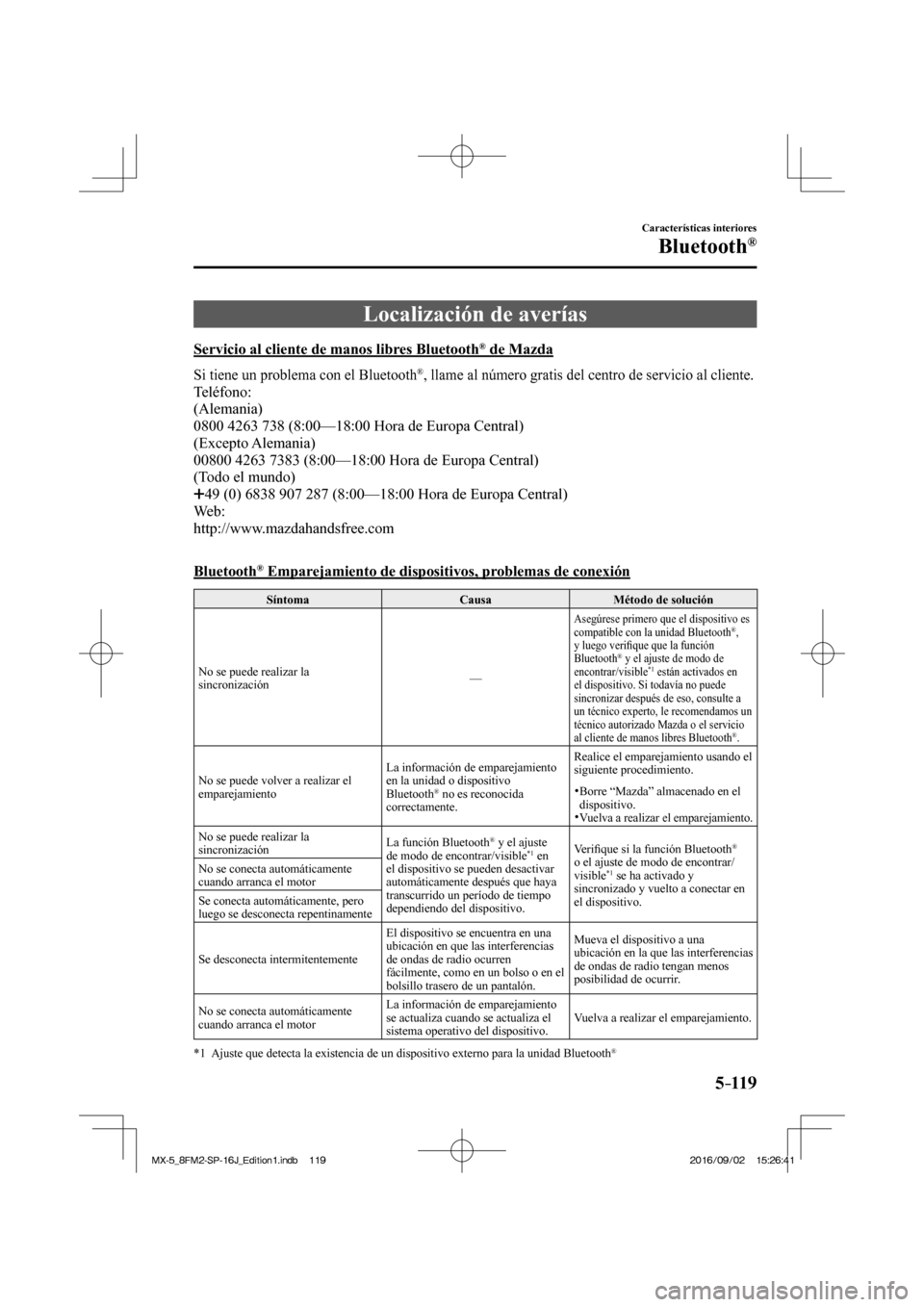 MAZDA MODEL MX-5 2018 Manual del propietario (in Spanish) 5–119
Características interiores
Bluetooth®
Localización de averías
Servicio al cliente de manos libres Bluetooth ® de Mazda
Si tiene un problema con el Bluetooth ® , MAZDA MODEL MX-5 2018 Manual del propietario (in Spanish) 5–119
Características interiores
Bluetooth®
Localización de averías
Servicio al cliente de manos libres Bluetooth ® de Mazda
Si tiene un problema con el Bluetooth ® ,
