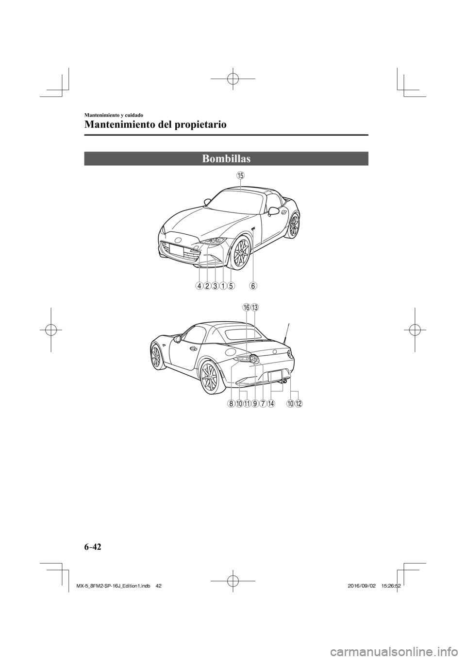 MAZDA MODEL MX-5 2018  Manual del propietario (in Spanish) 6–42
Mantenimiento y cuidado
Mantenimiento del propietario
 Bombillas
             
6
15
1316
15234
1011141012789 
�/�:���A��(�/���5�2����,�A��F�K�V�K�Q�P���K�P�F�D������/�:���A��
