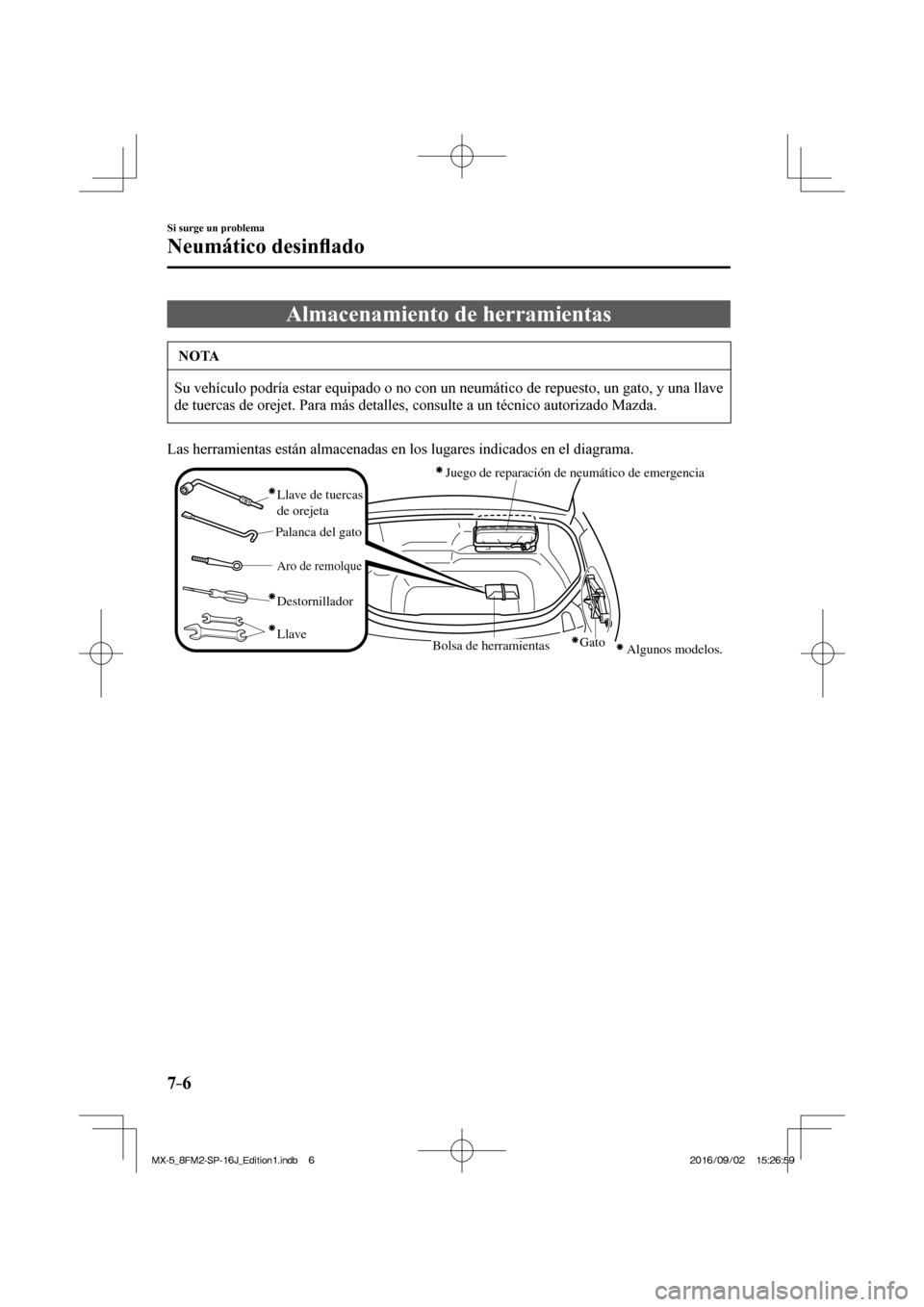 MAZDA MODEL MX-5 2018  Manual del propietario (in Spanish) 7–6
Si surge un problema
Neumático desin�À ado
 Almacenamiento de herramientas
 NOTA
 Su vehículo podría estar equipado o no con un neumático de repuesto, un gato, y una llave 
de tuercas de or