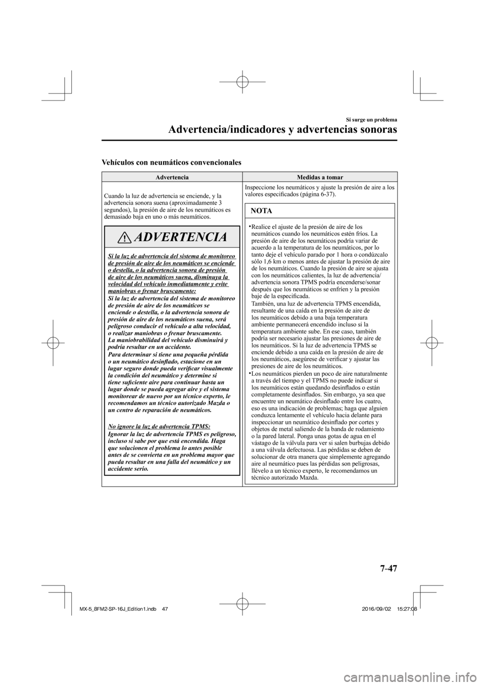 MAZDA MODEL MX-5 2018 Manual del propietario (in Spanish) 7–47
Si surge un problema
Advertencia/indicadores y advertencias sonoras
Vehículos con neumáticos convencionales
Advertencia Medidas a tomar
Cuando la luz de advertencia se enciende, y la MAZDA MODEL MX-5 2018 Manual del propietario (in Spanish) 7–47
Si surge un problema
Advertencia/indicadores y advertencias sonoras
Vehículos con neumáticos convencionales
Advertencia Medidas a tomar
Cuando la luz de advertencia se enciende, y la