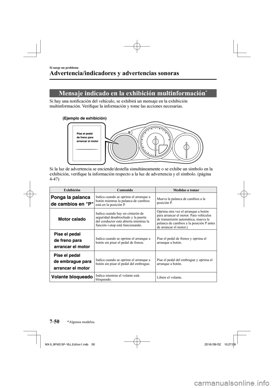 MAZDA MODEL MX-5 2018  Manual del propietario (in Spanish) 7–50
Si surge un problema
Advertencia/indicadores y advertencias sonoras
*Algunos modelos.
 Mensaje indicado en la exhibición multinformación * 
            Si  hay  una  noti�¿ cación del vehí