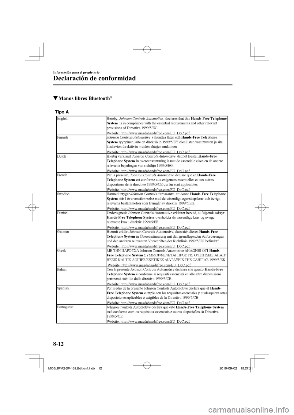 MAZDA MODEL MX-5 2018  Manual del propietario (in Spanish) 8–12
Información para el propietario
Declaración de conformidad
          Manos libres Bluetooth ® 
   
Tipo A
 
�/�:���A��(�/���5�2����,�A��F�K�V�K�Q�P���K�P�F�D������/�:���A�