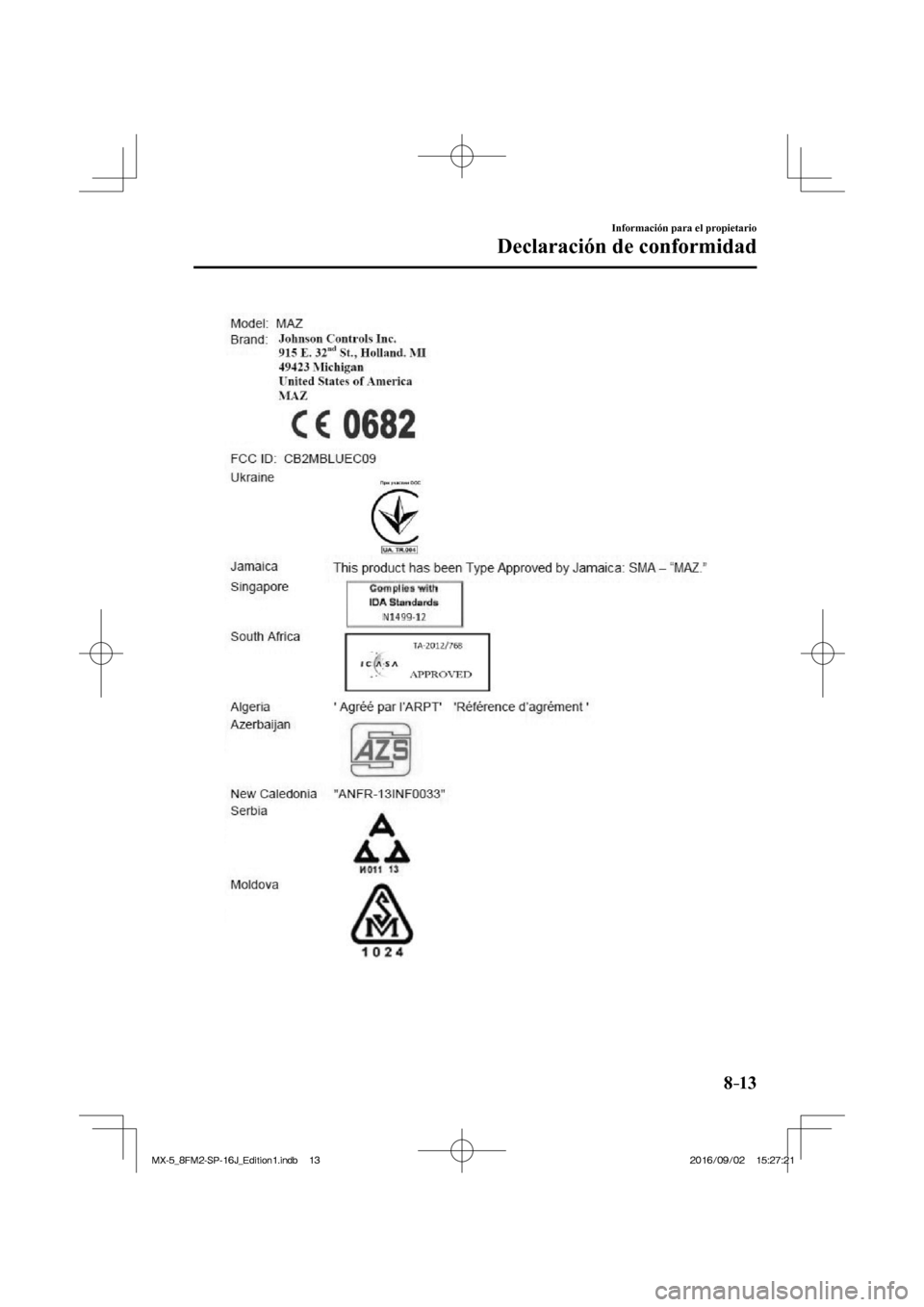 MAZDA MODEL MX-5 2018  Manual del propietario (in Spanish) 8–13
Información para el propietario
Declaración de conformidad
  
�/�:���A��(�/���5�2����,�A��F�K�V�K�Q�P���K�P�F�D������/�:���A��(�/���5�2����,�A��F�K�V�K�Q�P���K�P�F�
