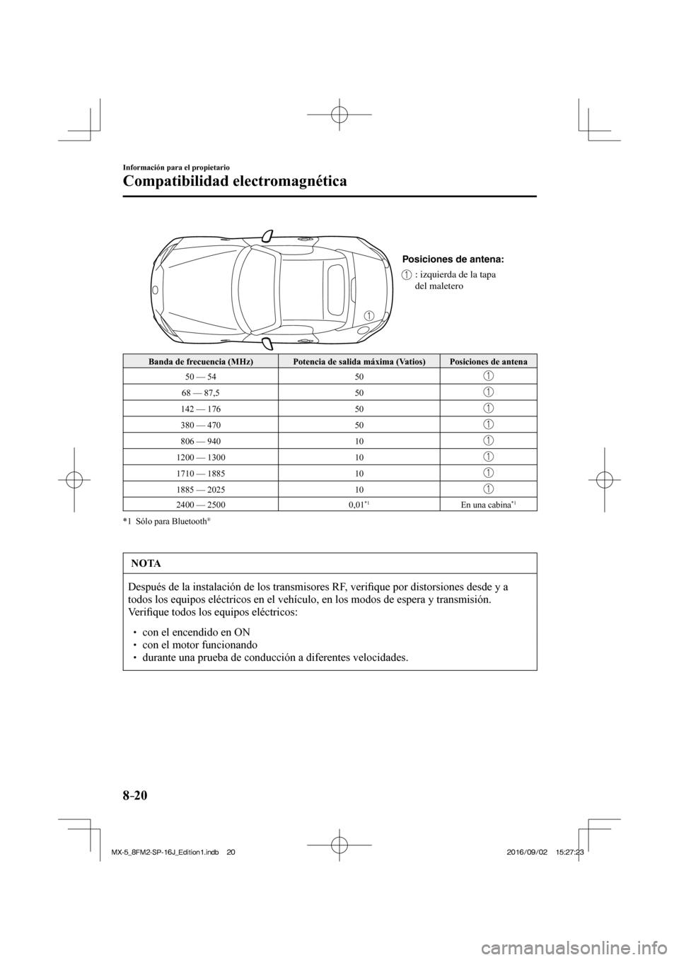 MAZDA MODEL MX-5 2018  Manual del propietario (in Spanish) 8–20
Información para el propietario
Compatibilidad electromagnética
 
Posiciones de antena:
: izquierda de la tapa 
del maletero
 
 Banda de frecuencia (MHz)   Potencia de salida máxima (Vatios)