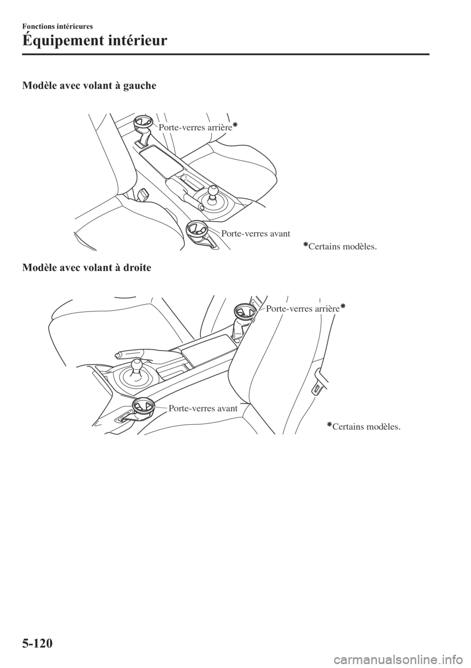 MAZDA MODEL MX-5 2018  Manuel du propriétaire (in French) �0�R�G�q�O�H��D�Y�H�F��Y�R�O�D�Q�W��j��J�D�X�F�K�H
�
Porte-verres avant Porte-verres arrière
Certains modèles.
�0�R�G�q�O�H��D�Y�H�F��Y�R�O�D�Q�W��j��G�U�R�L�W�H
�
Porte-verres arrière
Po