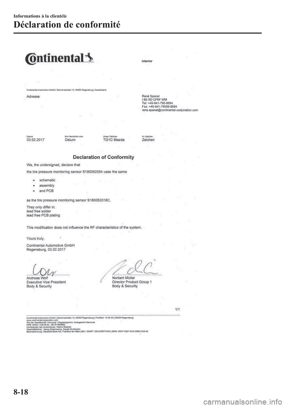 MAZDA MODEL MX-5 2018  Manuel du propriétaire (in French) �,�Q�I�R�U�P�D�W�L�R�Q�V��j��O�D��F�O�L�H�Q�W�q�O�H
��p�F�O�D�U�D�W�L�R�Q��G�H��F�R�Q�I�R�U�P�L�W�p
���� 