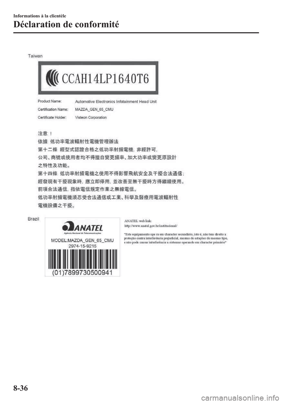 MAZDA MODEL MX-5 2018  Manuel du propriétaire (in French) �,�Q�I�R�U�P�D�W�L�R�Q�V��j��O�D��F�O�L�H�Q�W�q�O�H
��p�F�O�D�U�D�W�L�R�Q��G�H��F�R�Q�I�R�U�P�L�W�p
���� 