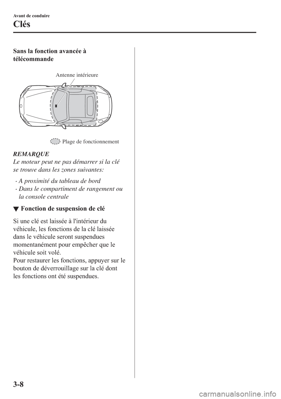 MAZDA MODEL MX-5 2018  Manuel du propriétaire (in French) �6�D�Q�V��O�D��I�R�Q�F�W�L�R�Q��D�Y�D�Q�F�p�H��j
�W�p�O�p�F�R�P�P�D�Q�G�H
�
Plage de fonctionnement Antenne intérieure 
REMARQUE
Le moteur peut ne pas démarrer si la clé
se trouve dans les zon