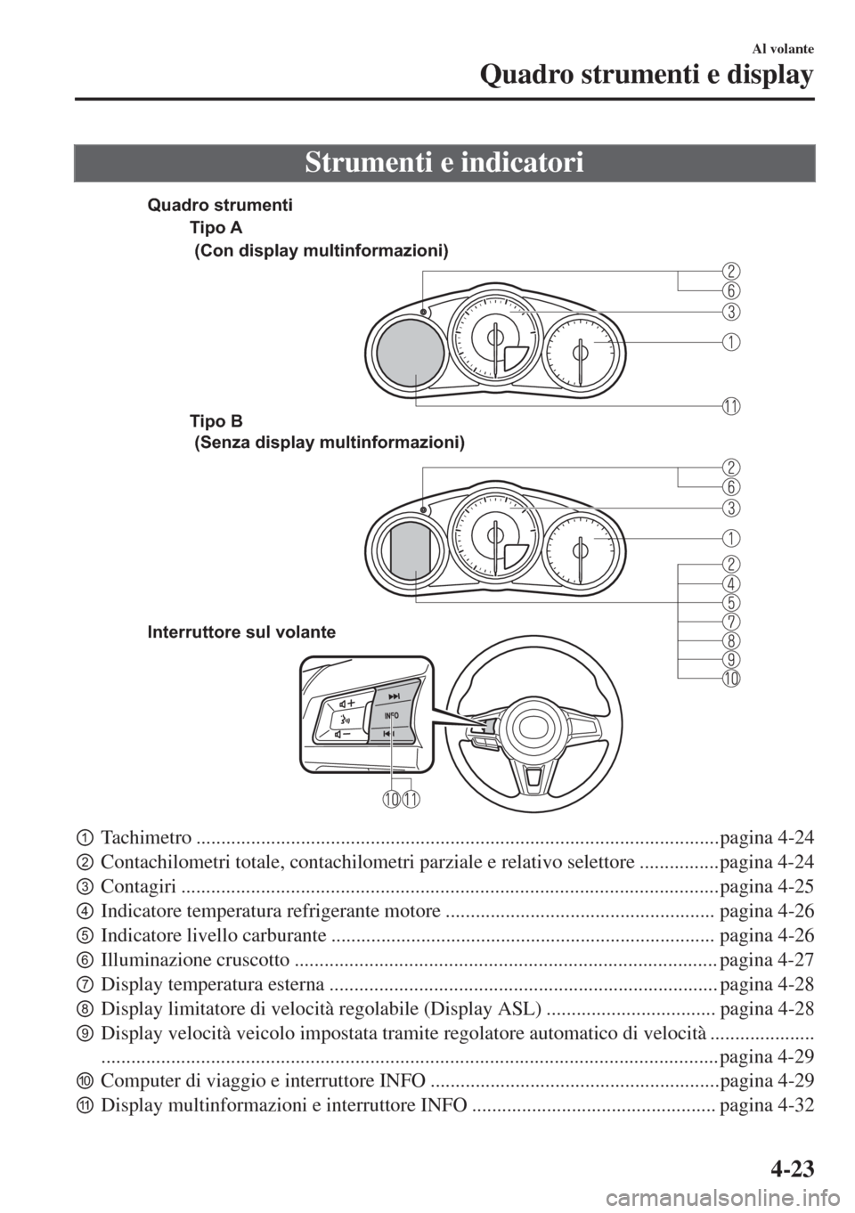 MAZDA MODEL MX-5 2018  Manuale del proprietario (in Italian) Strumenti e indicatori
Tipo A
Tipo B 
Interruttore sul volante (Con display multinformazioni)
 (Senza display multinformazioni) Quadro strumenti
pTachimetro ..........................................