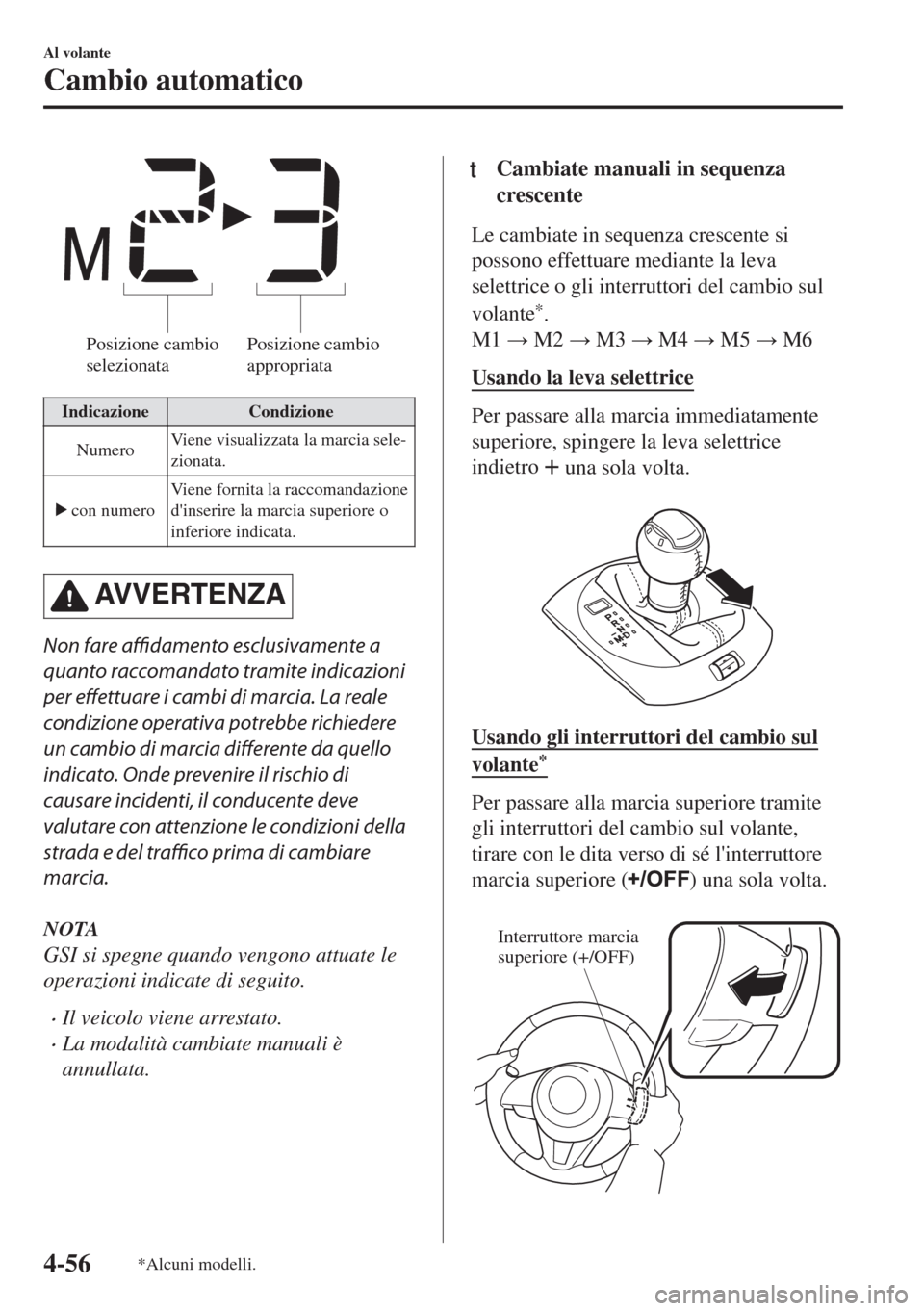 MAZDA MODEL MX-5 2018  Manuale del proprietario (in Italian) Posizione cambio 
selezionataPosizione cambio 
appropriata
Indicazione Condizione
NumeroViene visualizzata la marcia sele-
zionata.
 con numeroViene fornita la raccomandazione
dinserire la marcia sup