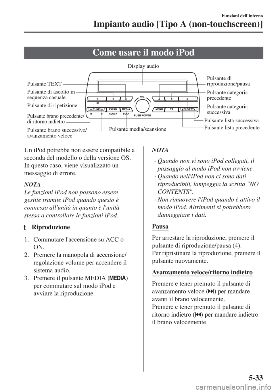 MAZDA MODEL MX-5 2018  Manuale del proprietario (in Italian) Come usare il modo iPod
Pulsante media/scansionePulsante lista precedente Pulsante lista successiva Pulsante di 
riproduzione/pausa
Pulsante di ascolto in 
sequenza casuale
Pulsante di ripetizioneDisp