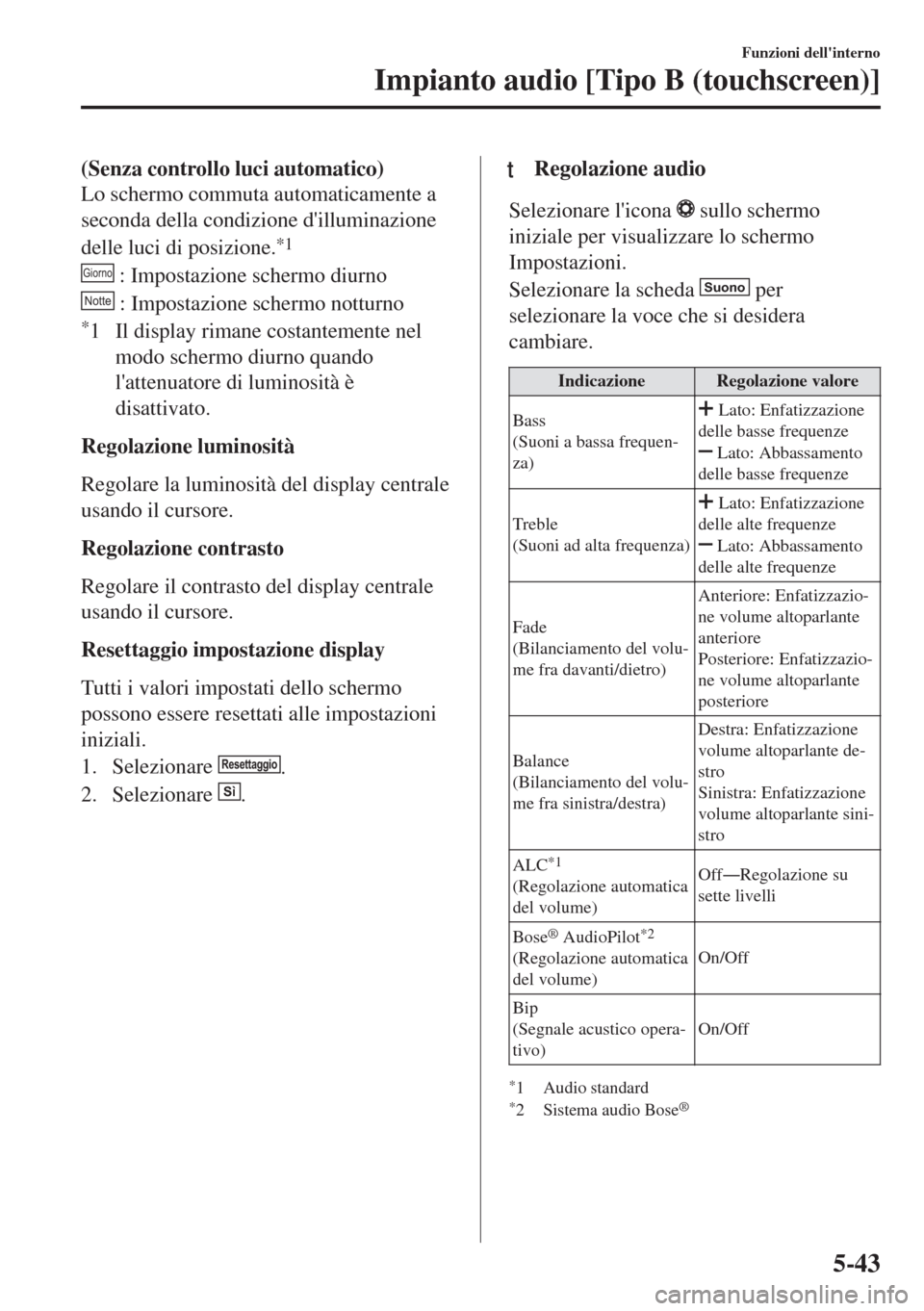 MAZDA MODEL MX-5 2018  Manuale del proprietario (in Italian) (Senza controllo luci automatico)
Lo schermo commuta automaticamente a
seconda della condizione dilluminazione
delle luci di posizione.
*1
Giorno : Impostazione schermo diurno
Notte : Impostazione sc