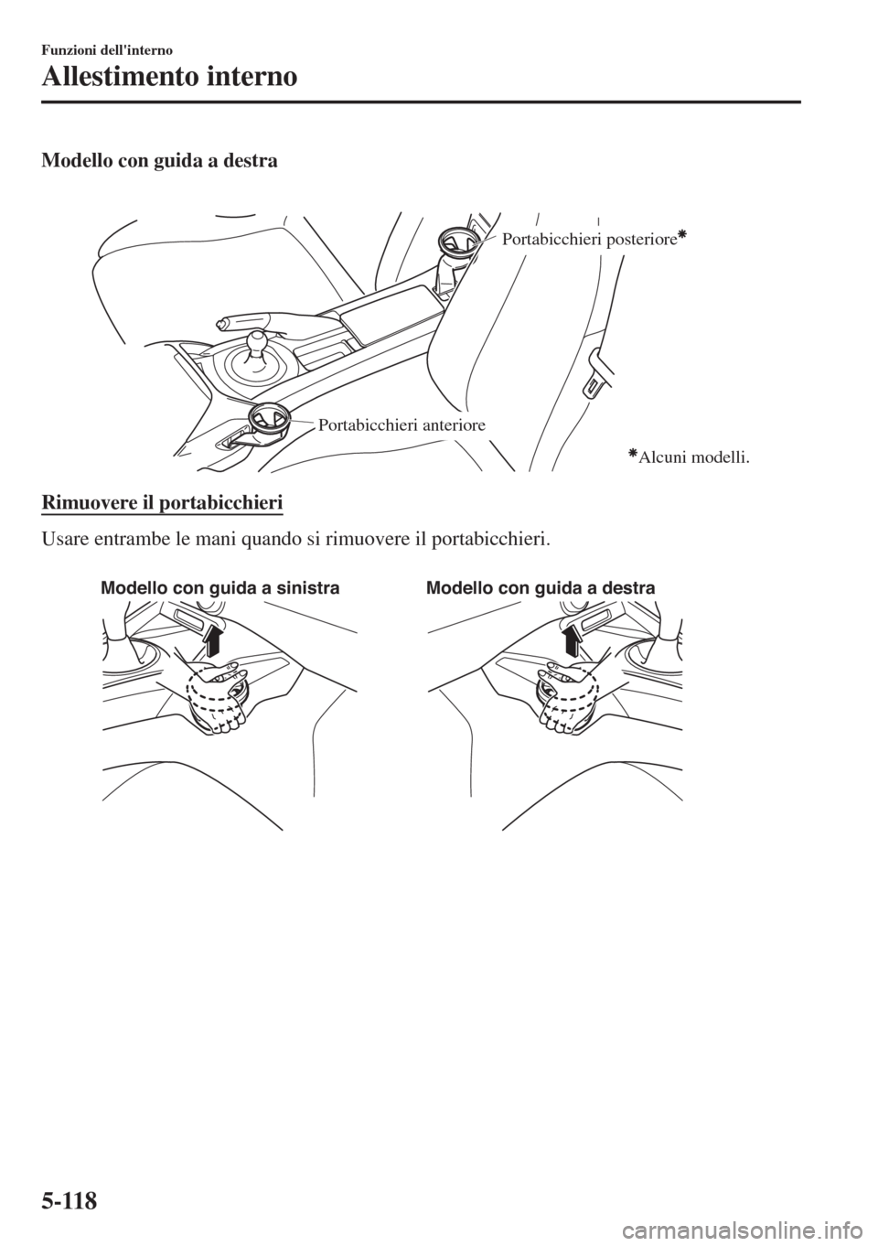 MAZDA MODEL MX-5 2018  Manuale del proprietario (in Italian) Modello con guida a destra
 
Portabicchieri posteriore
Portabicchieri anteriore
Alcuni modelli.
Rimuovere il portabicchieri
Usare entrambe le mani quando si rimuovere il portabicchieri.
 
Modello con 