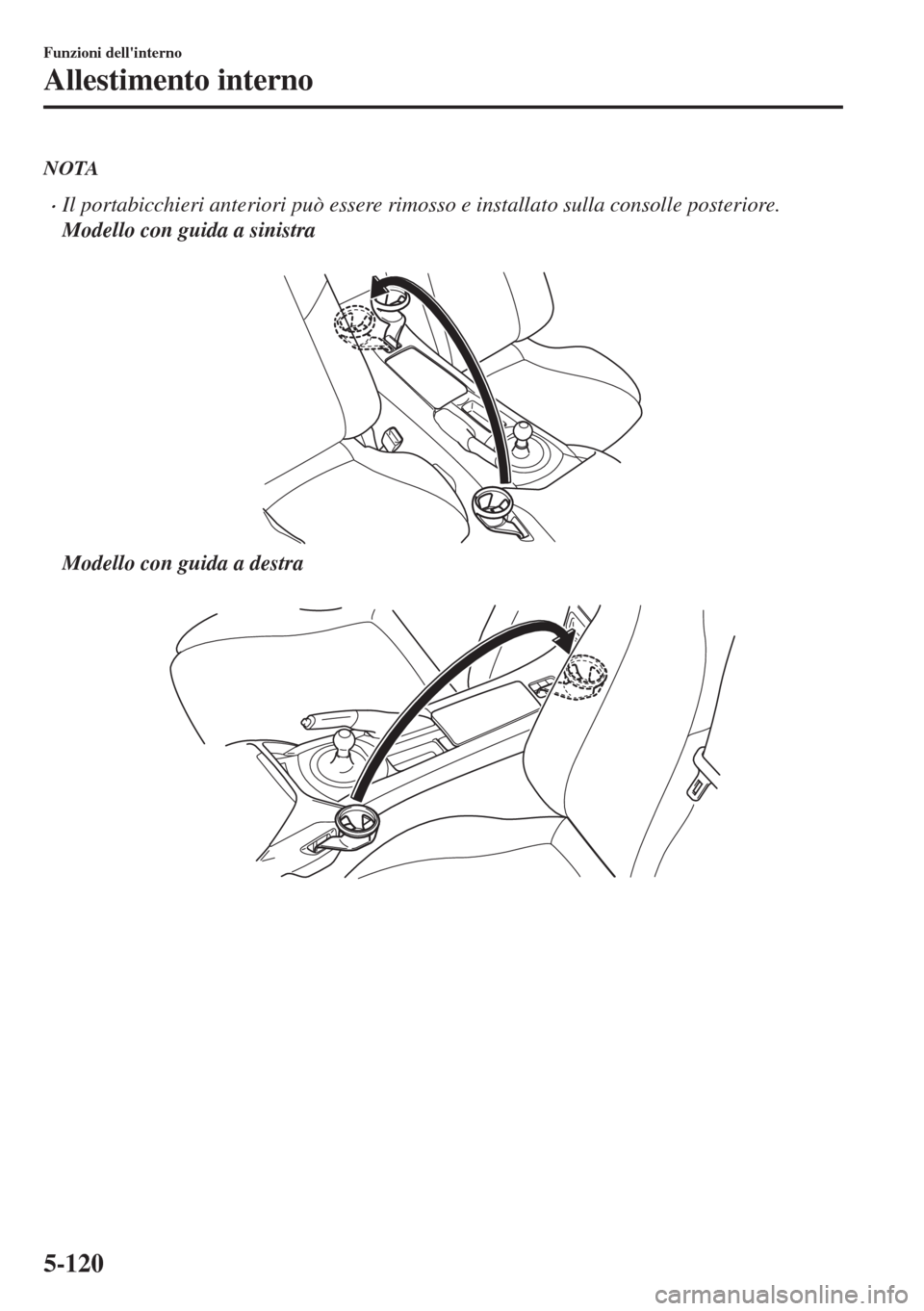 MAZDA MODEL MX-5 2018  Manuale del proprietario (in Italian) NOTA
•Il portabicchieri anteriori può essere rimosso e installato sulla consolle posteriore.
Modello con guida a sinistra
 
Modello con guida a destra
 
Funzioni dellinterno
Allestimento interno
5