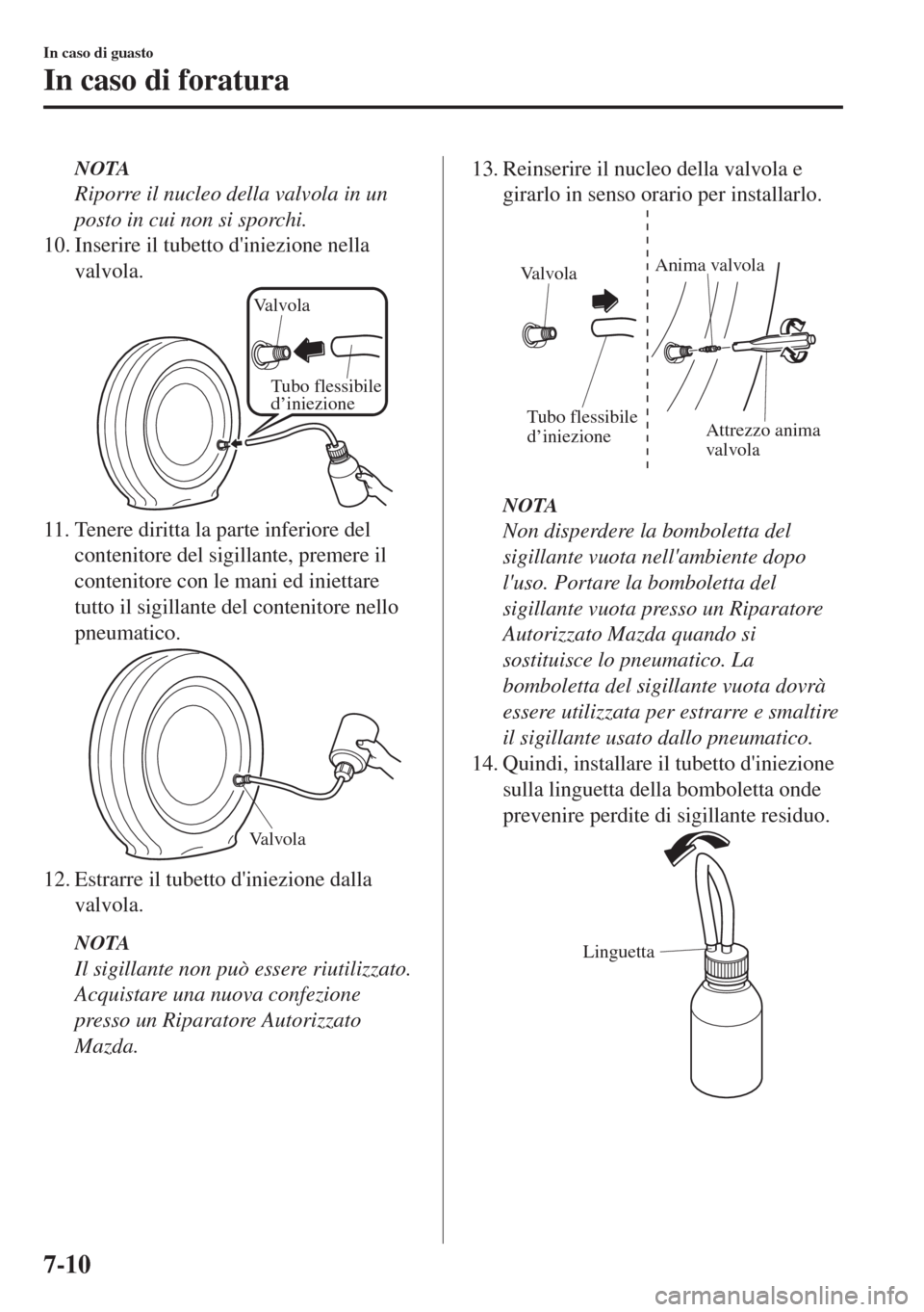 MAZDA MODEL MX-5 2018  Manuale del proprietario (in Italian) NOTA
Riporre il nucleo della valvola in un
posto in cui non si sporchi.
10. Inserire il tubetto diniezione nella
valvola.
Valvola
Tubo flessibile 
d’iniezione
11. Tenere diritta la parte inferiore 