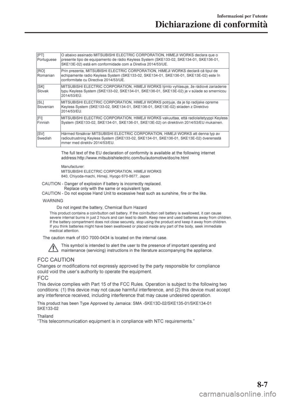 MAZDA MODEL MX-5 2018  Manuale del proprietario (in Italian) Informazioni per lutente
Dichiarazione di conformità
8-7 