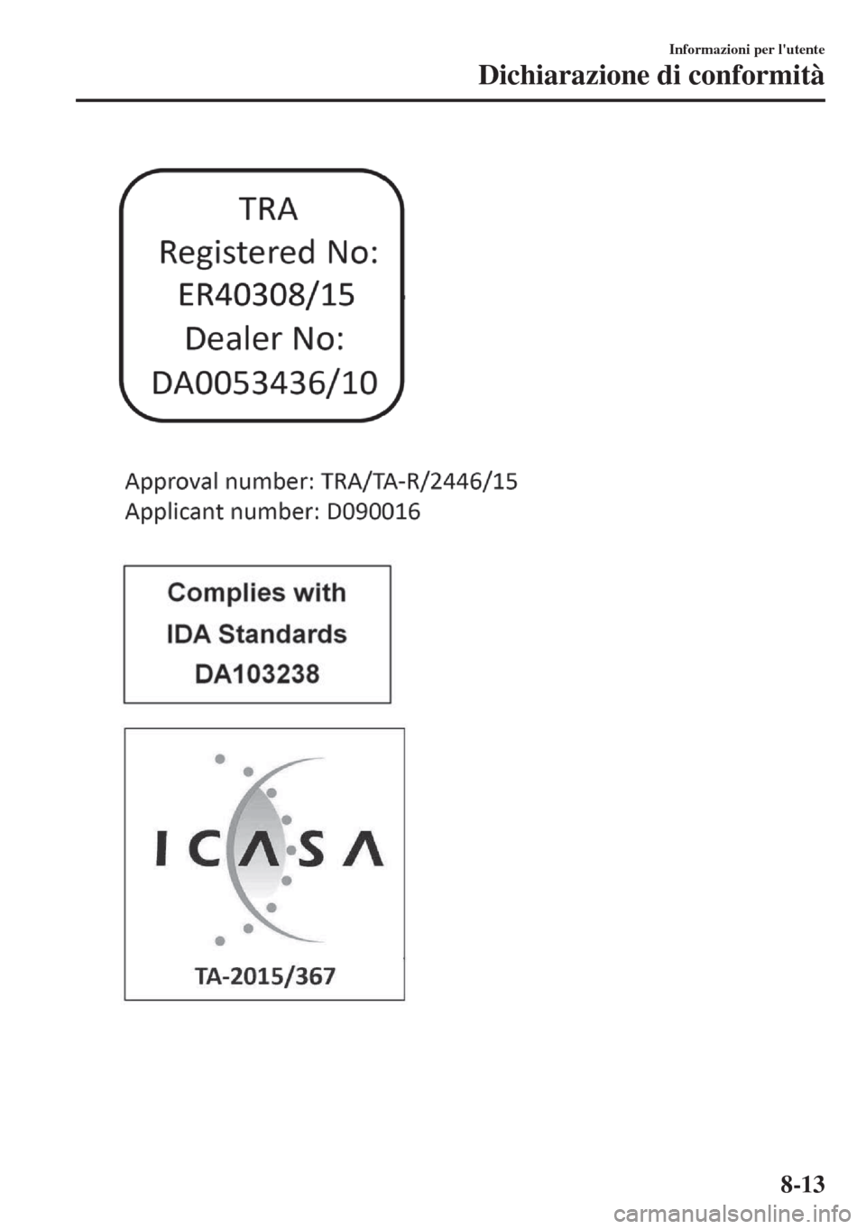 MAZDA MODEL MX-5 2018  Manuale del proprietario (in Italian) Informazioni per lutente
Dichiarazione di conformità
8-13 