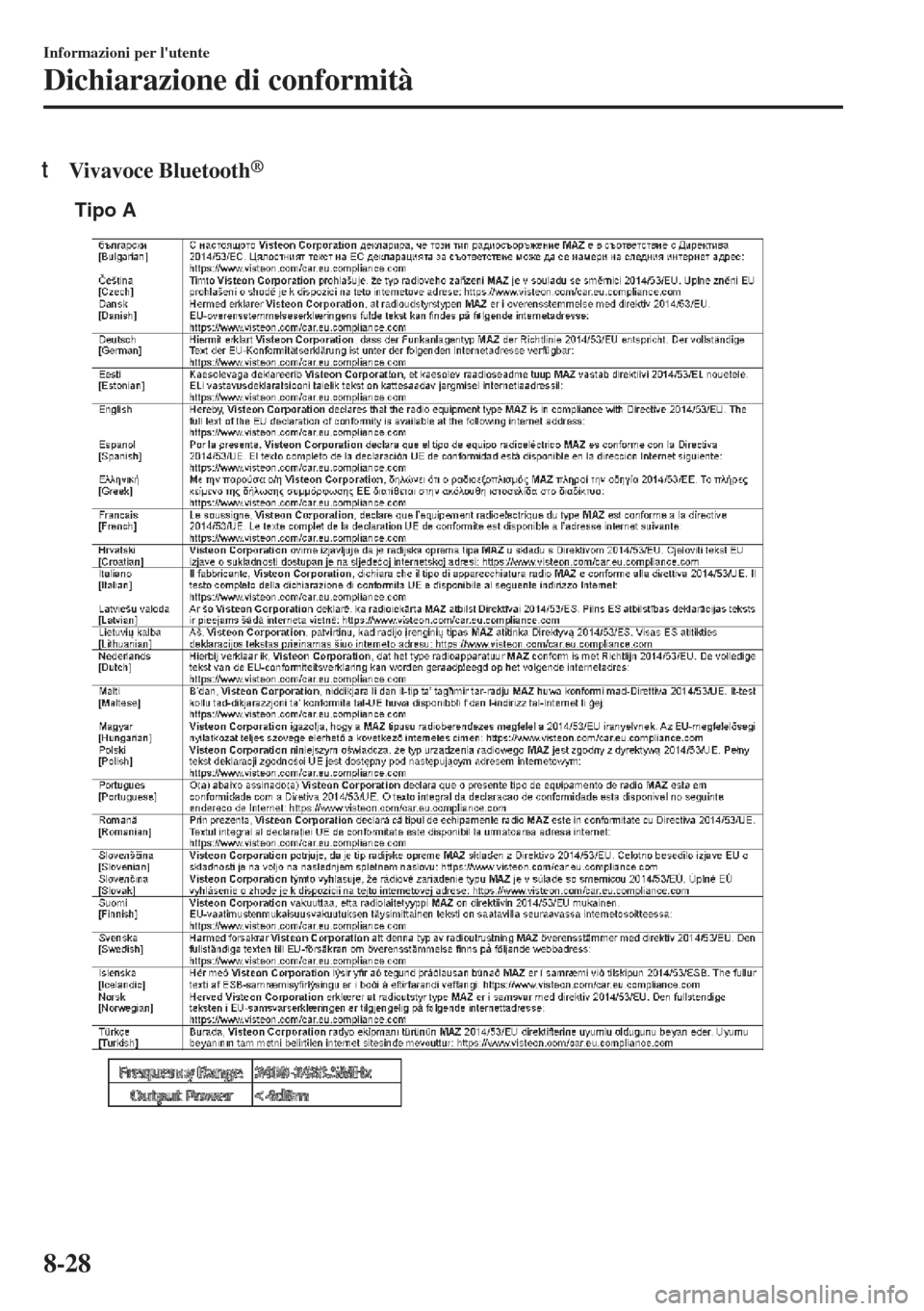 MAZDA MODEL MX-5 2018 Manuale del proprietario (in Italian) tVivavoce Bluetooth®
Tipo A
Informazioni per lutente
Dichiarazione di conformità
8-28 MAZDA MODEL MX-5 2018 Manuale del proprietario (in Italian) tVivavoce Bluetooth®
Tipo A
Informazioni per lutente
Dichiarazione di conformità
8-28