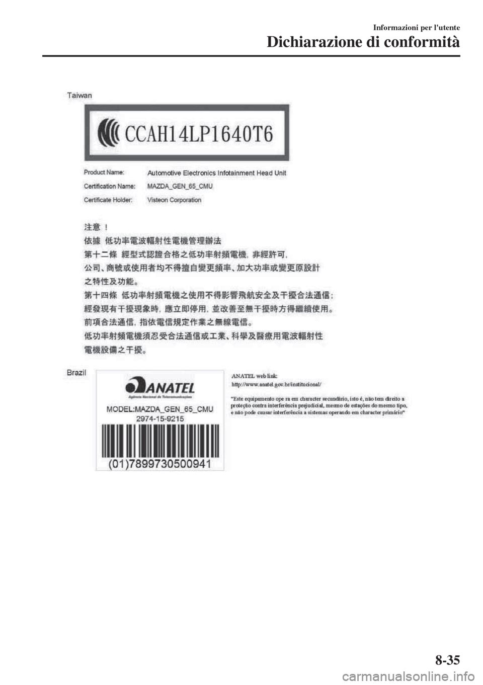 MAZDA MODEL MX-5 2018 Manuale del proprietario (in Italian) Informazioni per lutente
Dichiarazione di conformità
8-35 MAZDA MODEL MX-5 2018 Manuale del proprietario (in Italian) Informazioni per lutente
Dichiarazione di conformità
8-35