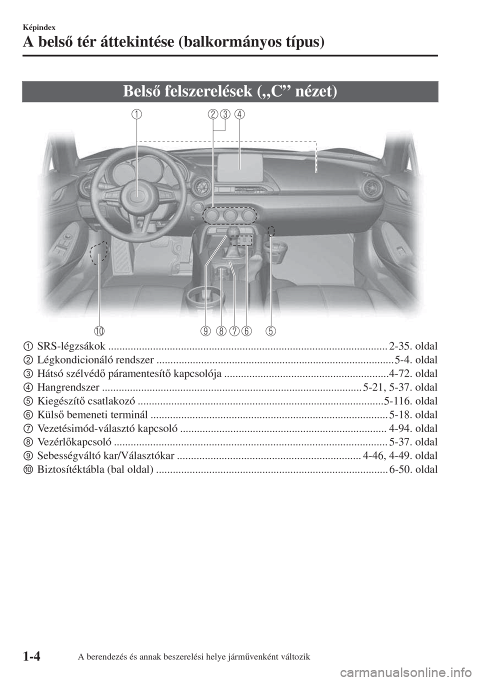 MAZDA MODEL MX-5 2018  Kezelési útmutató (in Hungarian) Bels felszerelések („C” nézet)
pSRS-légzsákok .................................................................................................... 2-35. oldal
qLégkondicionáló rendszer 