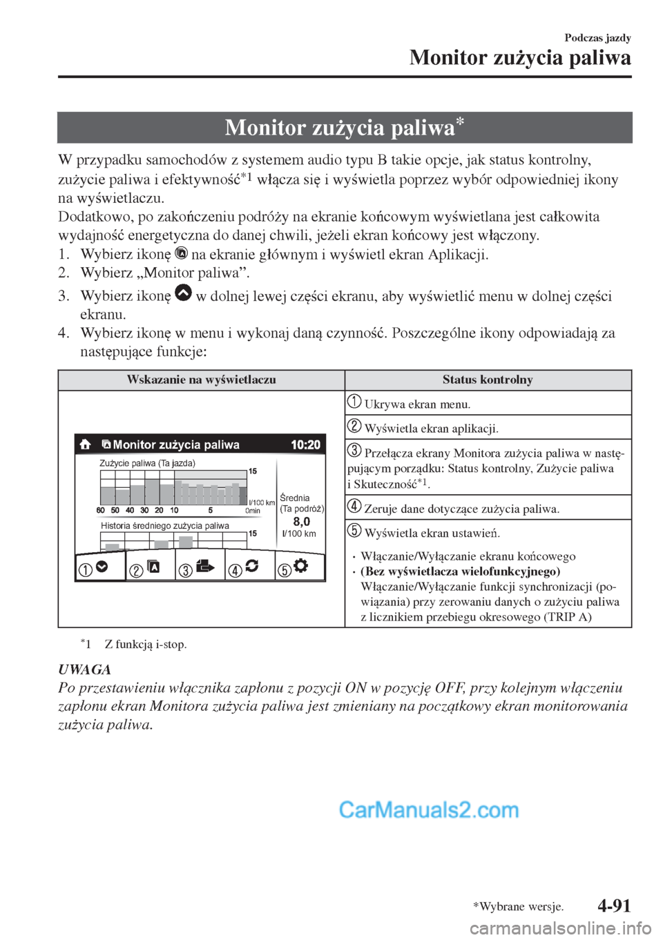 MAZDA MODEL MX-5 2018  Instrukcja Obsługi (in Polish) Monitor zu*ycia paliwa*
W przypadku samochodów z systemem audio typu B takie opcje, jak status kontrolny,
zu*ycie paliwa i efektywno�ü
*1 w�ácza si
 i wywietla poprzez wybór odpowiedniej 