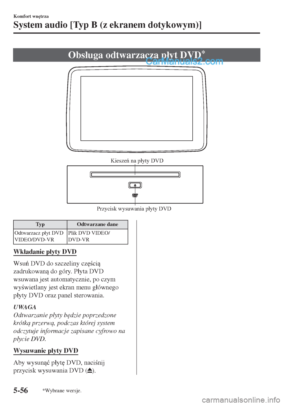 MAZDA MODEL MX-5 2018  Instrukcja Obsługi (in Polish) Obs�áuga odtwarzacza p�áyt DVD*
Przycisk wysuwania płyty DVDKieszeń na płyty DVD
Typ Odtwarzane dane
Odtwarzacz p�áyt DVD
VIDEO/DVD-VRPlik DVD VIDEO/
DVD-VR
Wk�áadanie p�áyty DVD
Wsu DVD do 