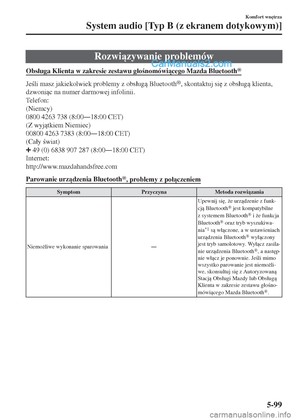MAZDA MODEL MX-5 2018  Instrukcja Obsługi (in Polish) Rozwizywanie problemów
Obs�áuga Klienta w zakresie zestawu g�áonomówicego Mazda Bluetooth®
Jeli masz jakiekolwiek problemy z obs�áug Bluetooth®, skontaktuj si
 z obs�áug klienta,
