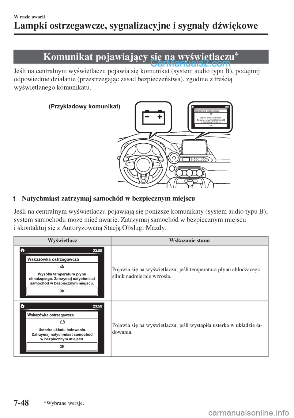 MAZDA MODEL MX-5 2018  Instrukcja Obsługi (in Polish) Komunikat pojawiajcy si
 na wywietlaczu*
Jeli na centralnym wywietlaczu pojawia si
 komunikat (system audio typu B), podejmij
odpowiednie dzia�áanie (przestrzegajc zasad bezpieczestwa),