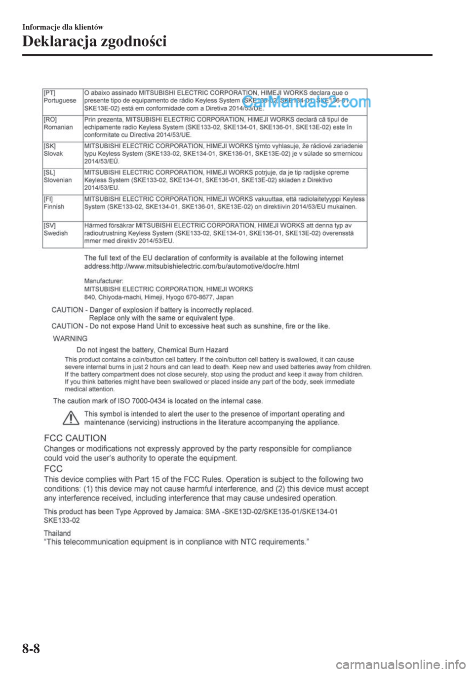 MAZDA MODEL MX-5 2018  Instrukcja Obsługi (in Polish) Informacje dla klientów
Deklaracja zgodnoci
8-8  
