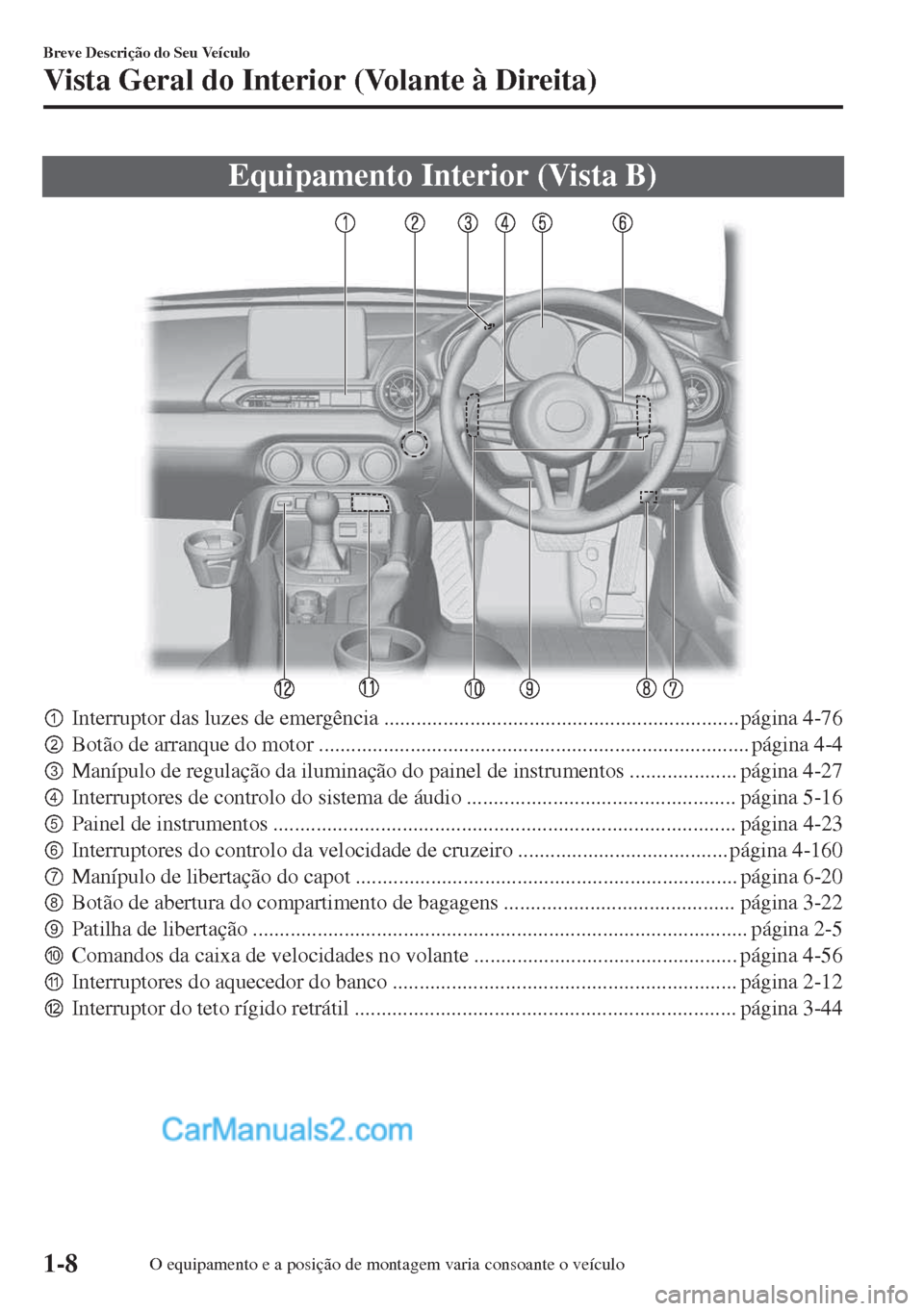 MAZDA MODEL MX-5 2018  Manual do proprietário (in Portuguese) Equipamento Interior (Vista B)
pInterruptor das luzes de emergência .................................................................. página 4-76
qBotão de arranque do motor ....................
