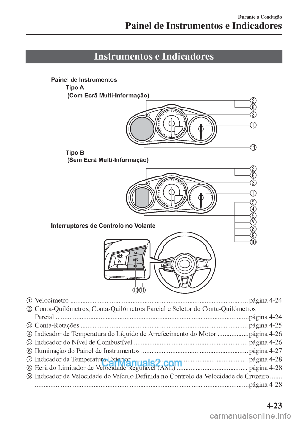 MAZDA MODEL MX-5 2018  Manual do proprietário (in Portuguese) Instrumentos e Indicadores
 
Tipo A
Tipo B 
Interruptores de Controlo no Volante (Com Ecrã Multi-Informação)
 (Sem Ecrã Multi-Informação) Painel de Instrumentos
pVelocímetro ..................