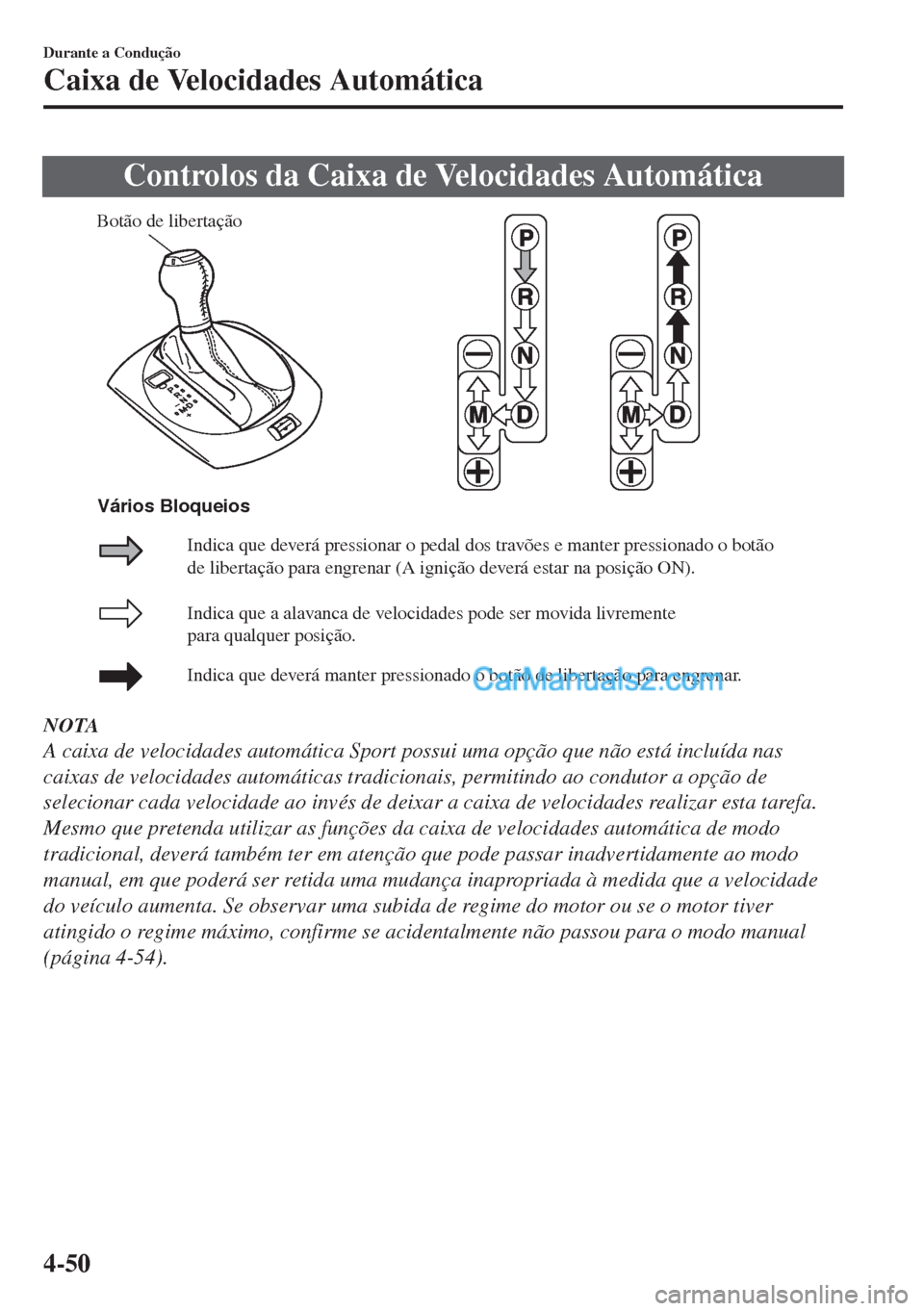 MAZDA MODEL MX-5 2018  Manual do proprietário (in Portuguese) Controlos da Caixa de Velocidades Automática
Botão de libertação
Indica que a alavanca de velocidades pode ser movida livremente 
para qualquer posição.
Indica que deverá manter pressionado o b