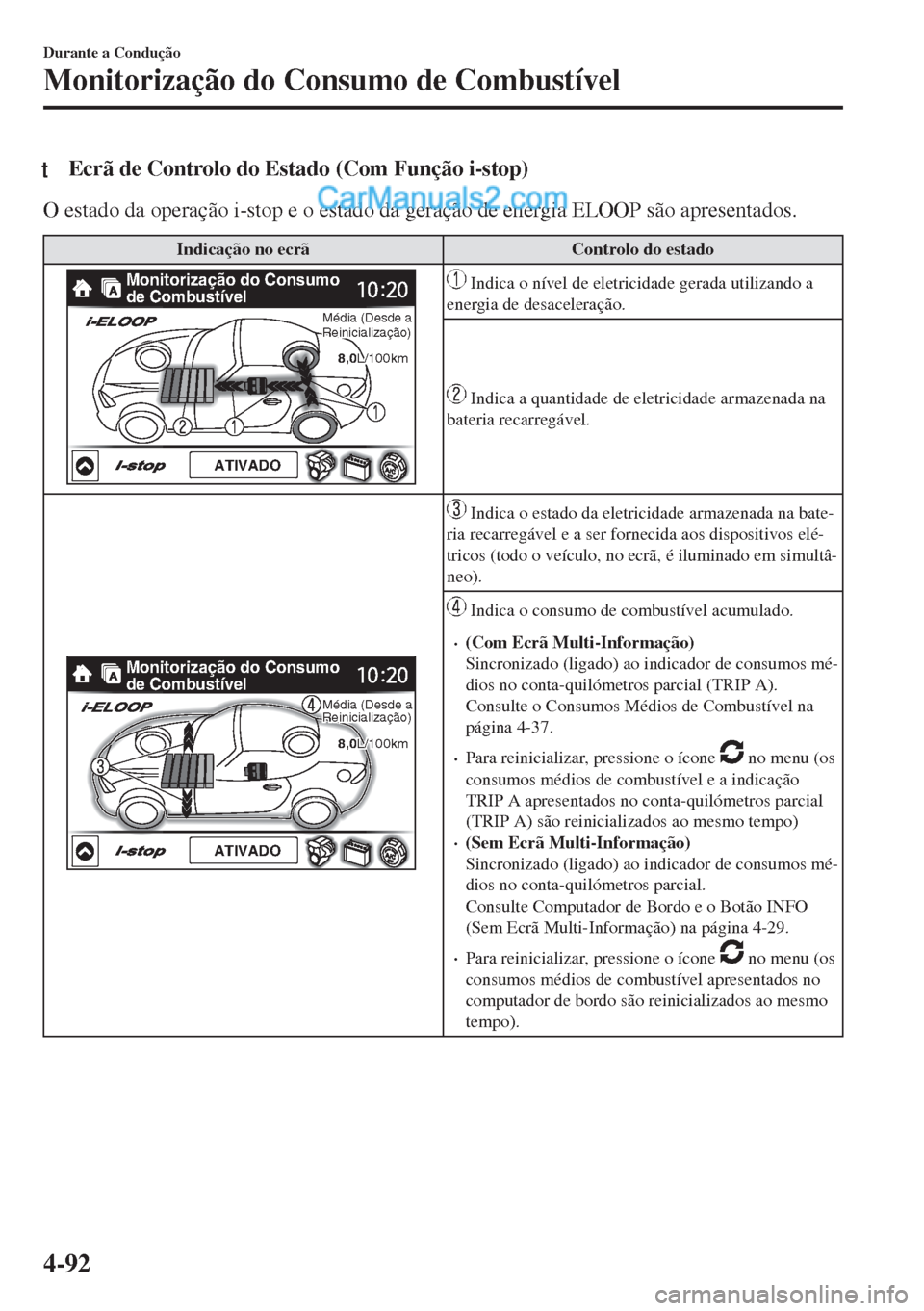 MAZDA MODEL MX-5 2018  Manual do proprietário (in Portuguese) tEcrã de Controlo do Estado (Com Função i-stop)
O estado da operação i-stop e o estado da geração de energia ELOOP são apresentados.
Indicação no ecrã Controlo do estado
Monitorização do 