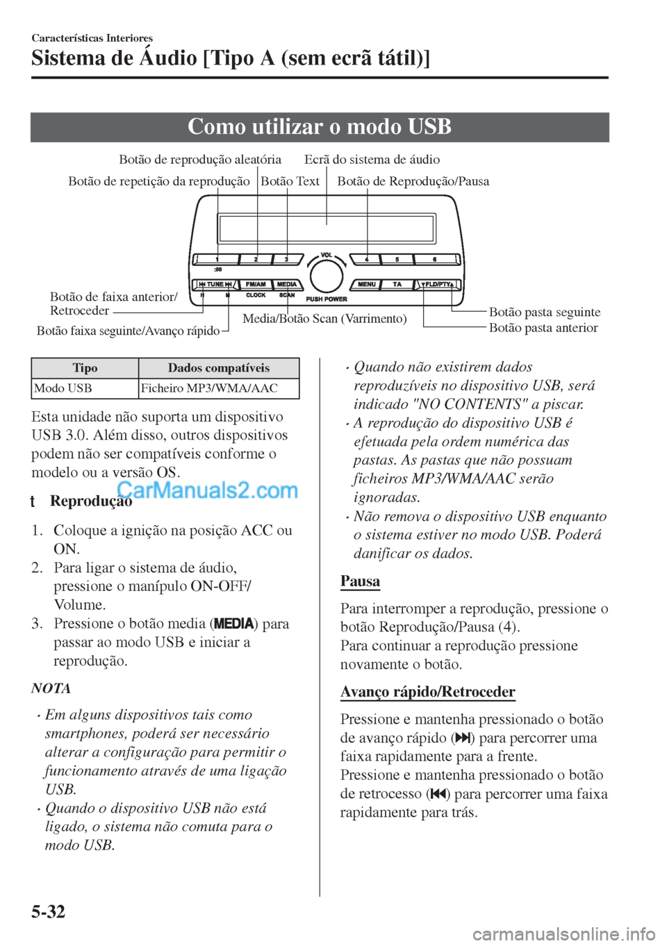 MAZDA MODEL MX-5 2018  Manual do proprietário (in Portuguese) Como utilizar o modo USB
Media/Botão Scan (Varrimento)Botão pasta anterior Botão pasta seguinte Botão de Reprodução/Pausa Botão de reprodução aleatória
Botão de repetição da reproduçãoE